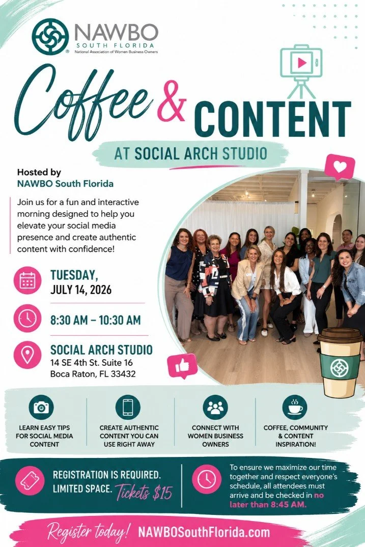 Flyer for Coffee and Content event at Social Arch Studio