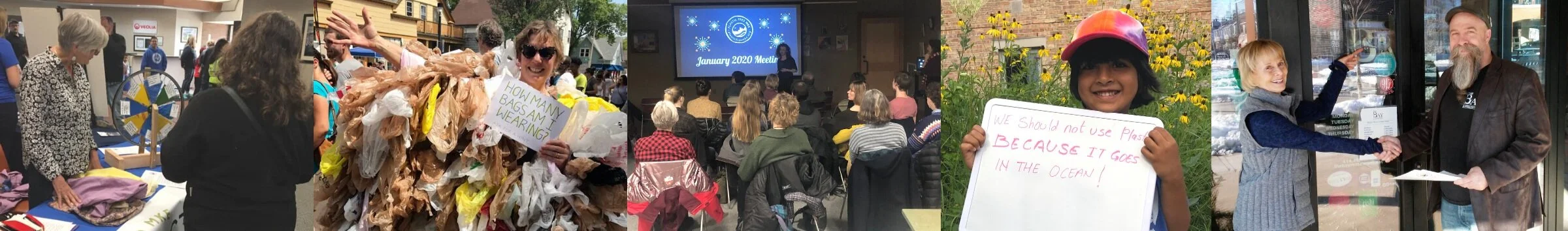A collage of several different pictures taken at Plastic-Free MKE events, hosted by volunteers. There is an image of a tabling event, a webinar, the Plastic Bag Monster, a young boy holding a sign, and a Lake Friendly business