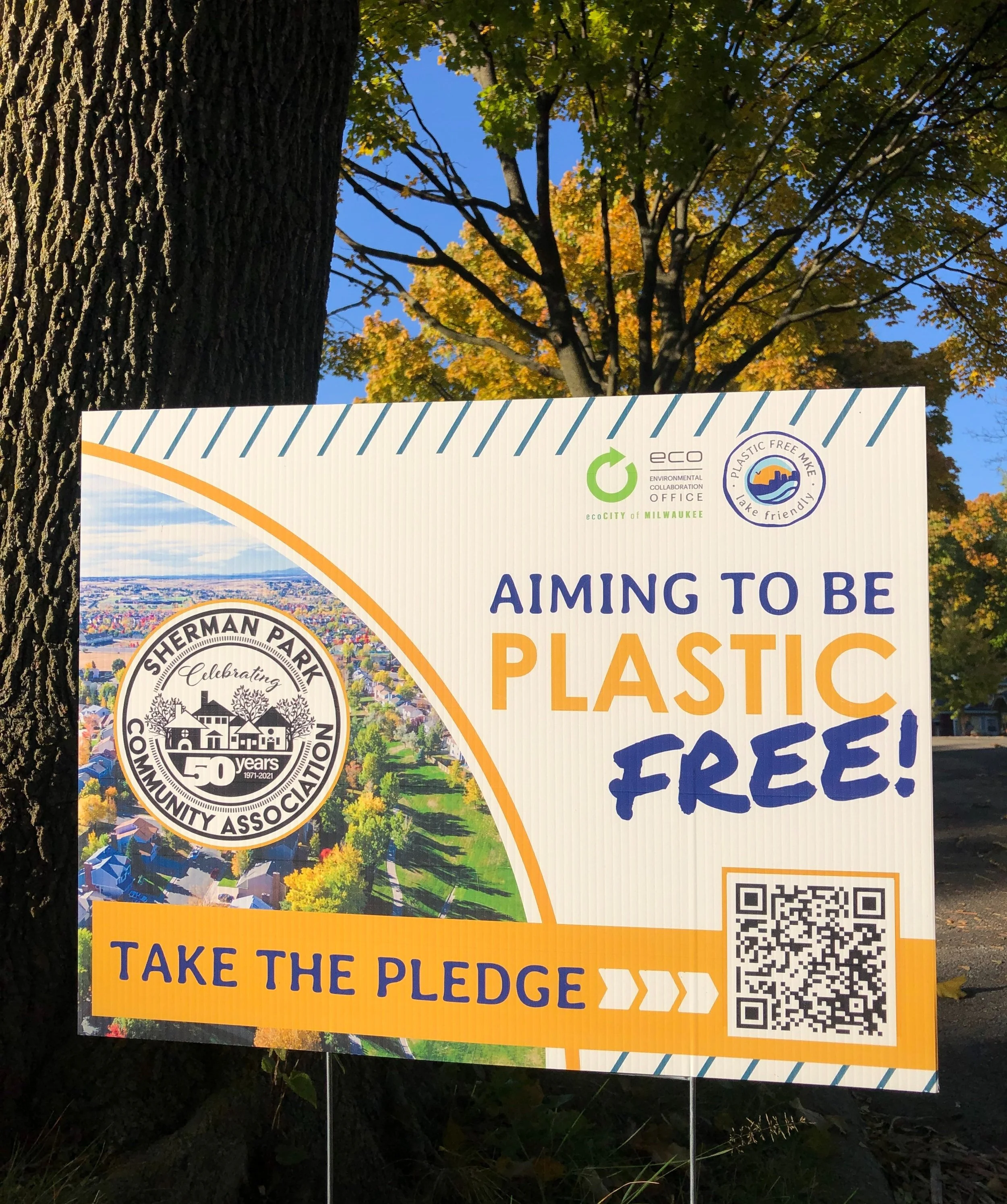 A picture of Sherman Park's personalized Lake Friendly Neighborhood yard sign
