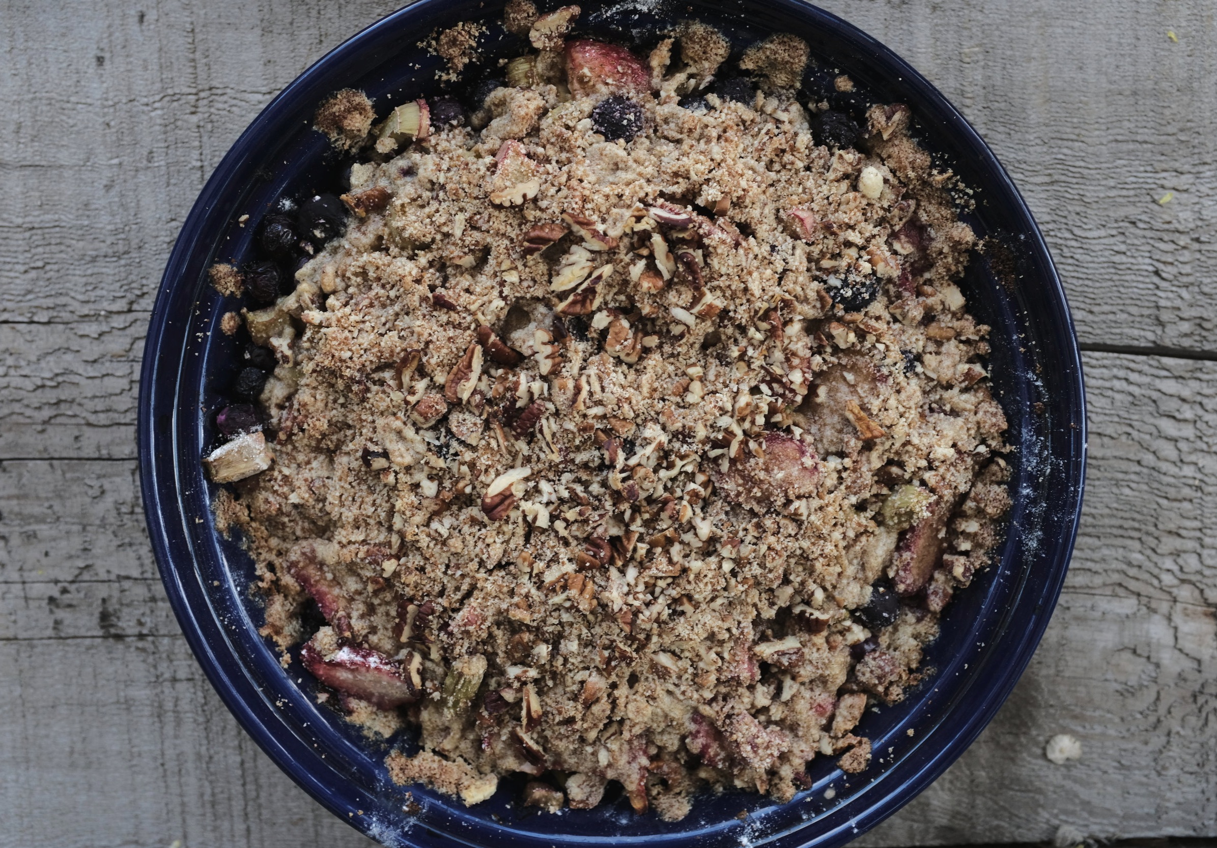 StrawberryRhubarbBlueberry & Pecan Crisp with Buttermilk and Mint
