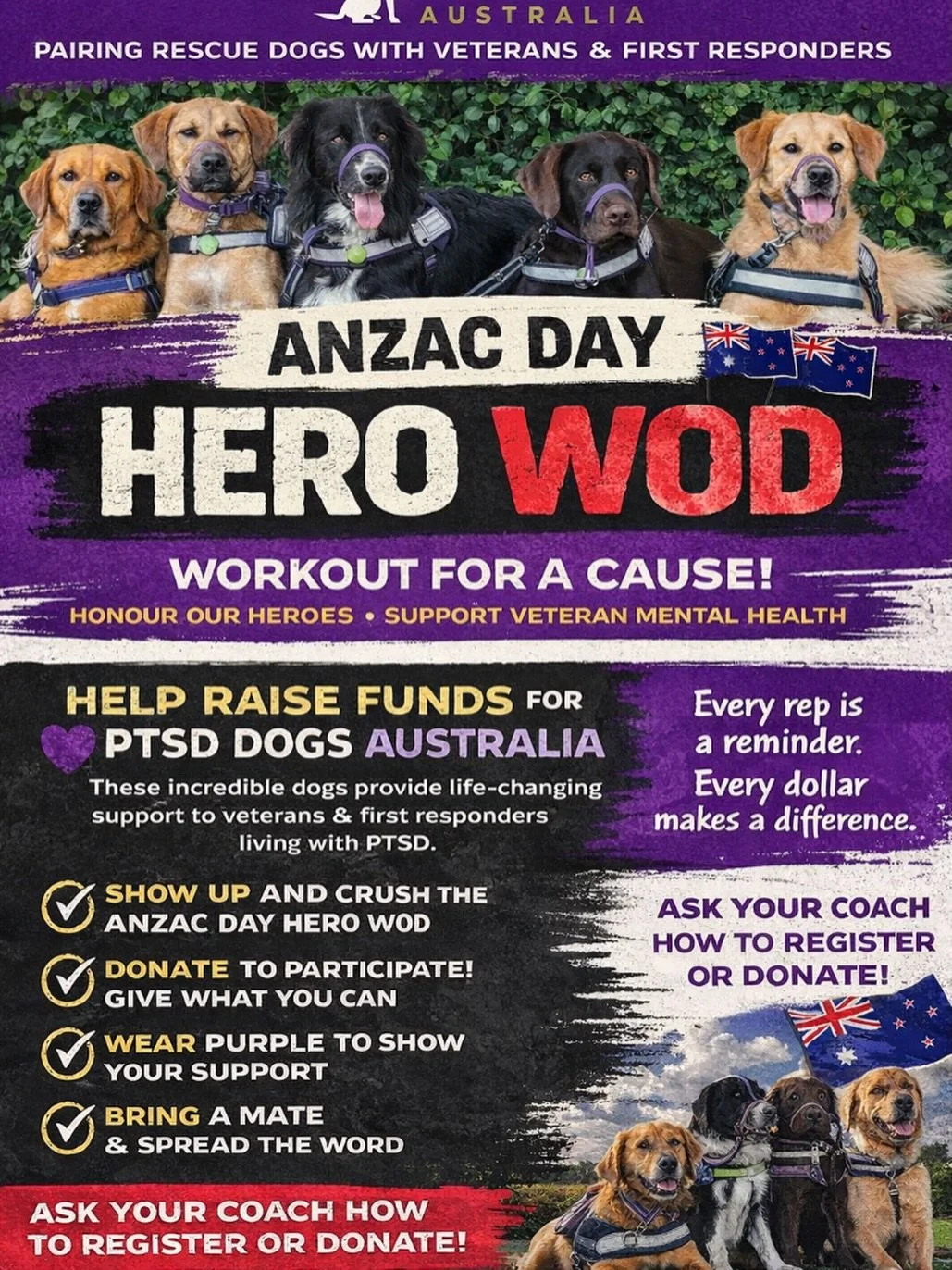 We love dogs ❤️ 🐕 
We love Veterans ❤️ 🇦🇺 
Dogs love Veterans 🐕 ❤️ 🇦🇺 
Veterans love Dogs 🇦🇺 ❤️ 🐕 
Let&rsquo;s raise funds for @ptsdassistancedogs by performing the Aussie Hero WOD &ldquo;Wood&rdquo;, this Anzac Day at CFN. 
@crossfitaust
