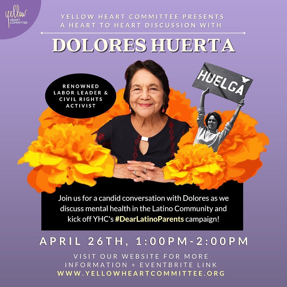 Happy Friday and happy to announce that we will be opening up our Heart to Heart discussion with Dolores Huerta to the public this TUESDAY at 1pm PST!

Join us as we talk about mental health in the Latino community!
 
The discussion will include some