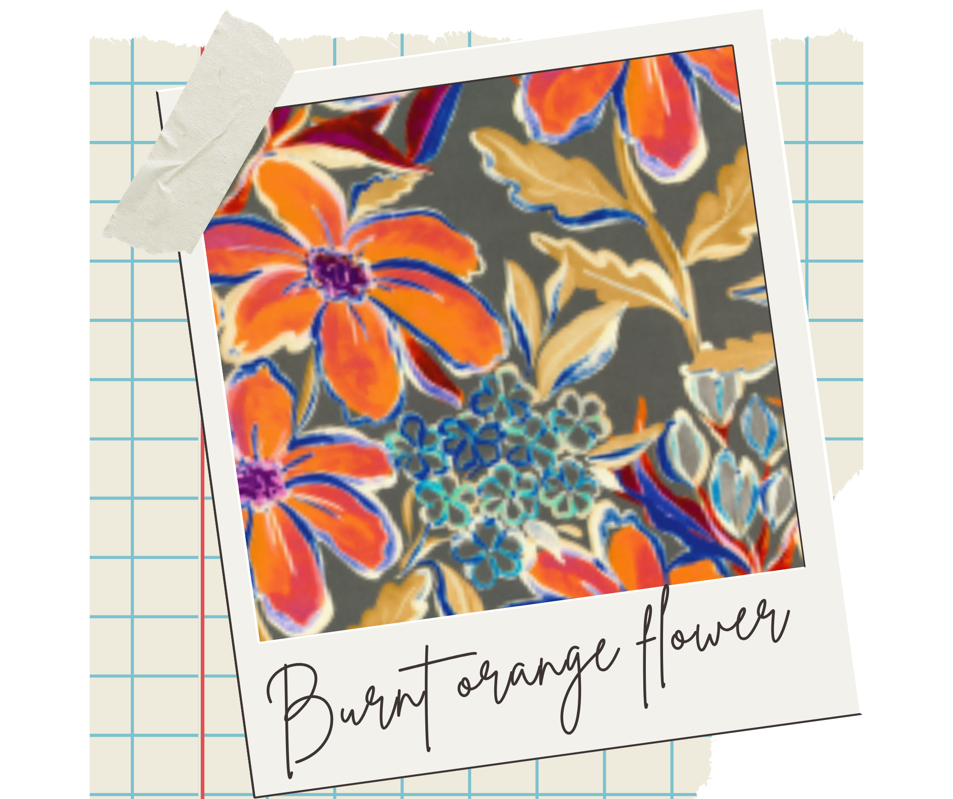 Viscose challis burnt orange flower on khaki.png