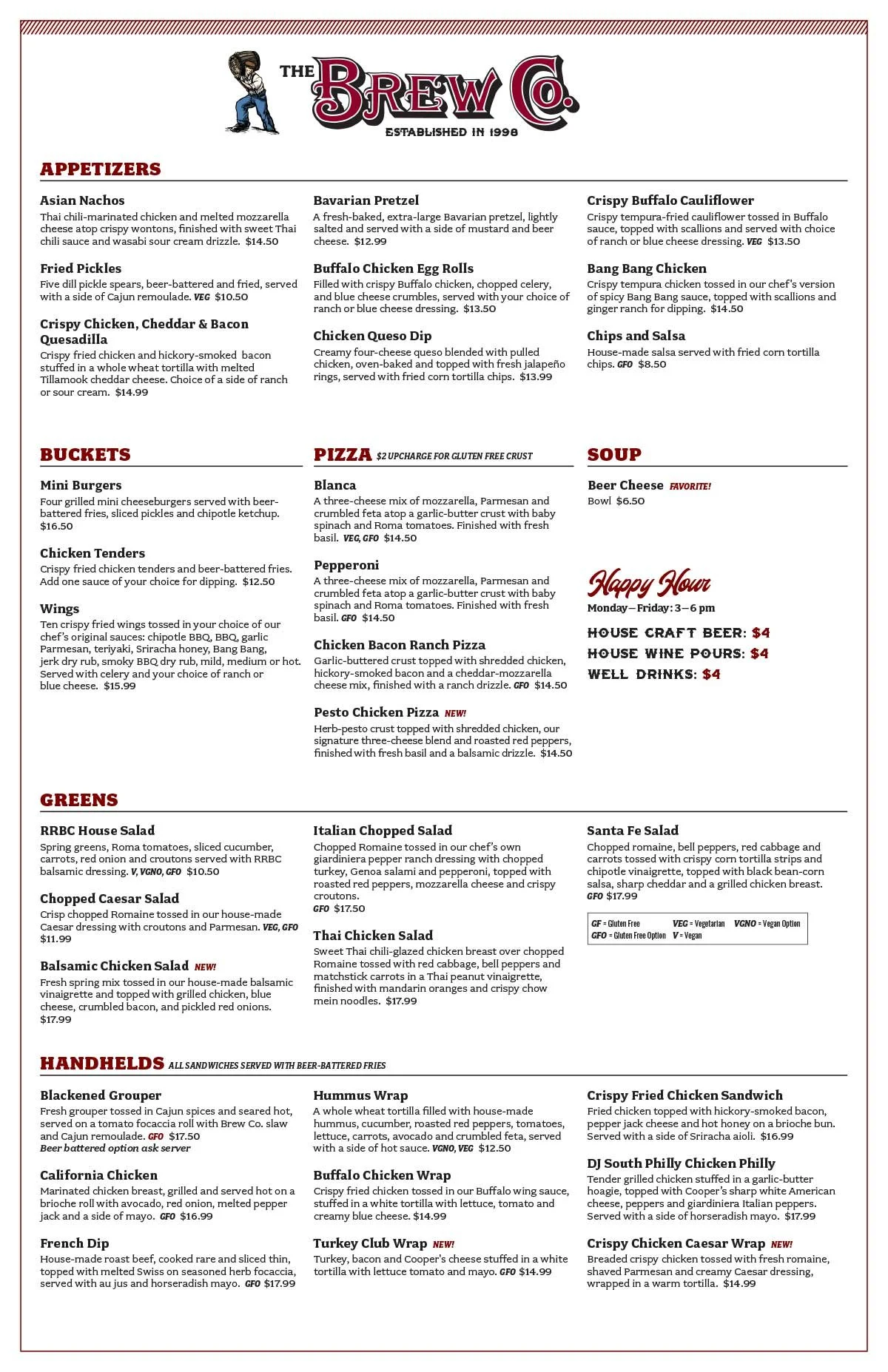 Rocky River Brewing Co. lunch and dinner menu page 1