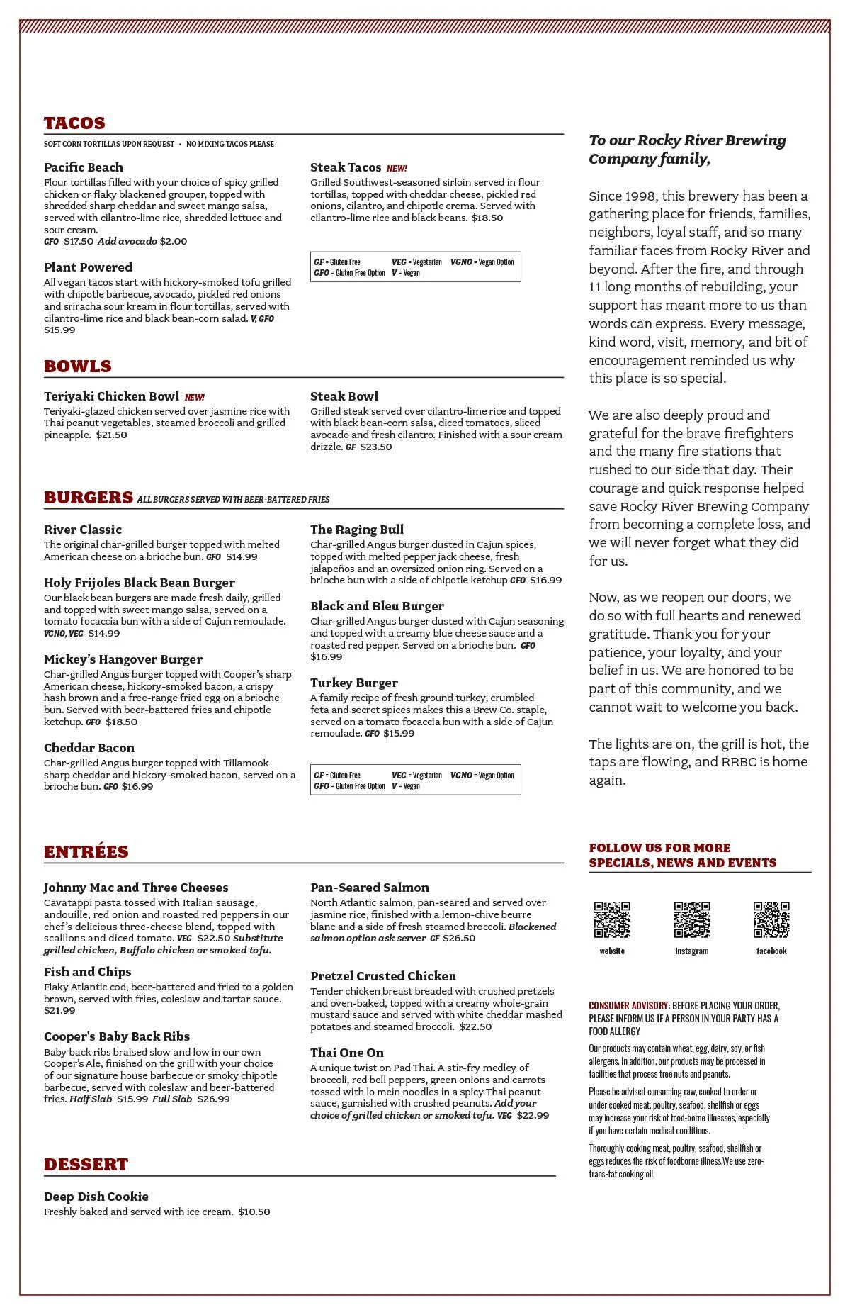 Rocky River Brewing Co. lunch and dinner menu page 2
