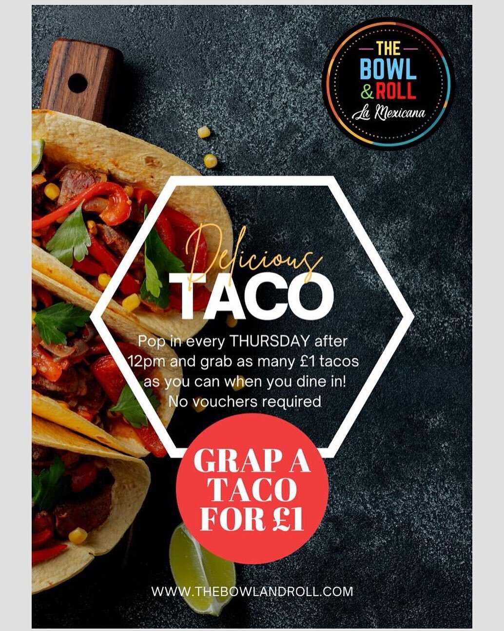 Look what we have ??? Pop in every THURSDAY after 12 pm and grap as many &pound;1 tacos as you can when you dine in !! Go on&hellip; treat yourself 🎉😍🌮🌯 Visit ➡️ @thebowlandroll_la_mexicana
#mexicanfood #tacos #burrito #teddington #localbusiness 