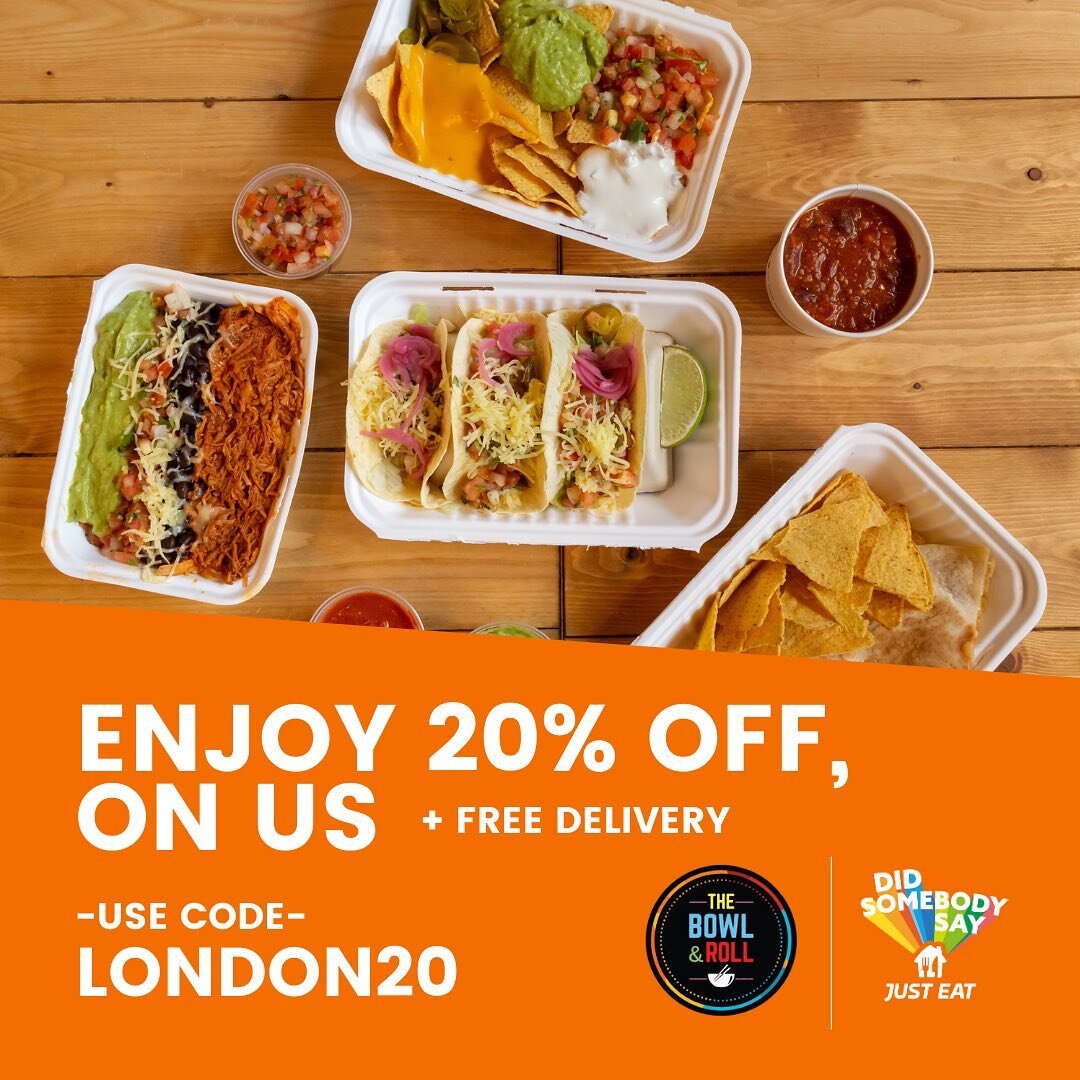 Look what we have...??? Just a little Bank Holiday gift of 20% OFF !! Live until 7th of May! Go on...treat yourself ☺️ Discount only available for @thebowlandroll_la_mexicana brand, Enjoy ! 🤩 @justeatuk 

🥗&amp;🌯
&hearts;︎ 🅣🅗🅔 🅑🅞🅦🅛 🅐🅝🅓 ?
