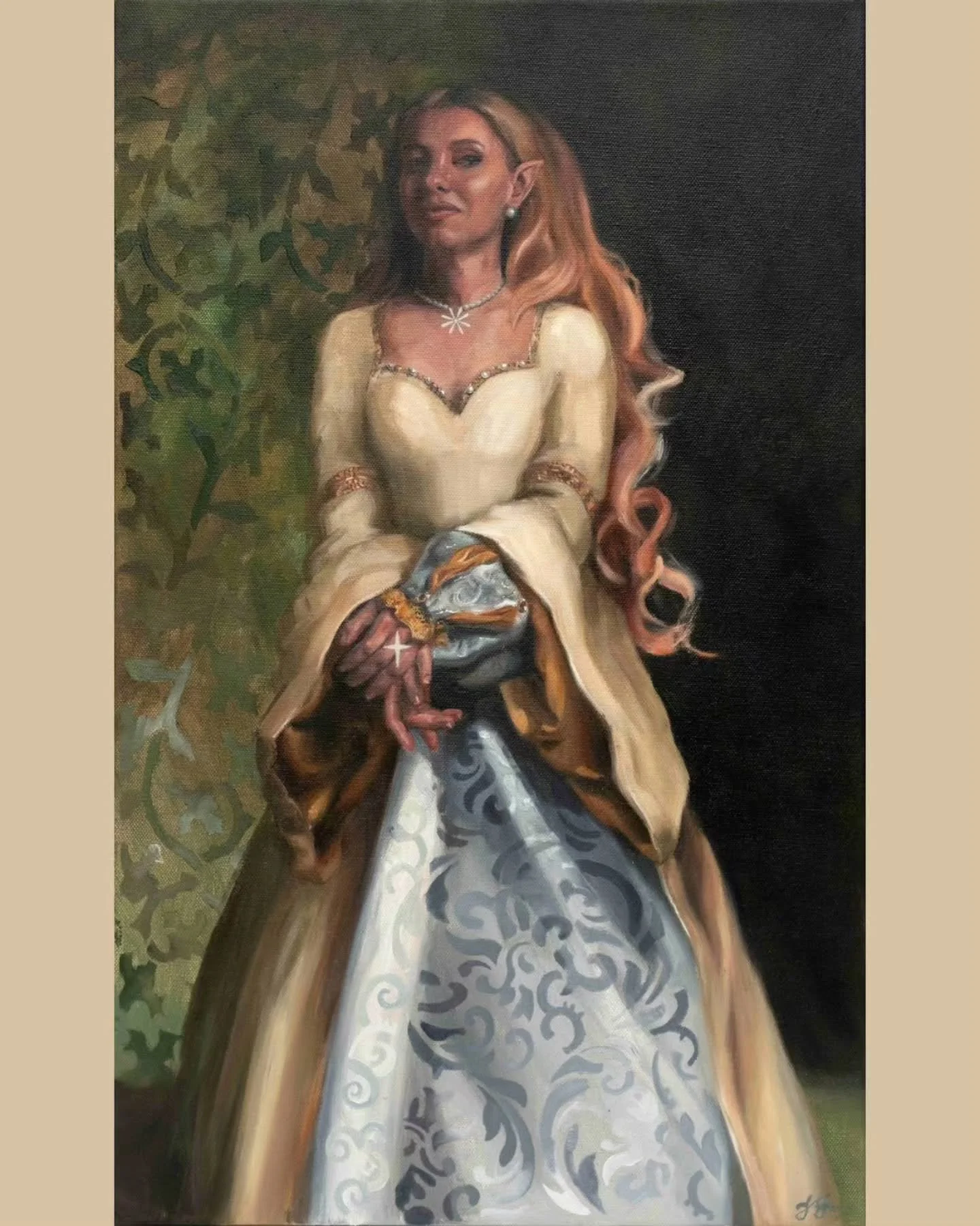 'Lady of L&oacute;rien' 2025.
Oil and acrylic on canvas,  14 x 23 inches (36 x 59cm).

I am very excited to announce that the Lady will make her exhibition debut with the Tolkien Society at Oxonmoot September 2025, the annual global event hosted at S