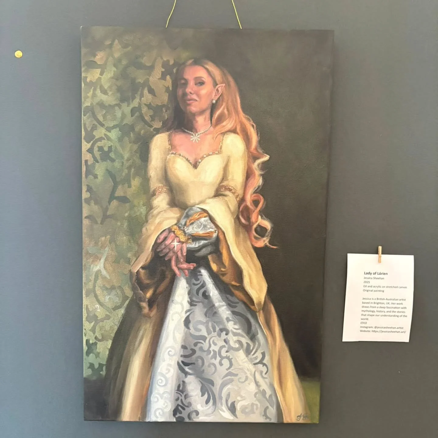 Lady of L&oacute;rien hanging in the Tolkien Society exhibition at Oxonmoot this weekend, at St Annes College, Oxford University. I absolutely love her against the grey wall! There will also be a small number of 30 x 20 cm giclee prints available on 