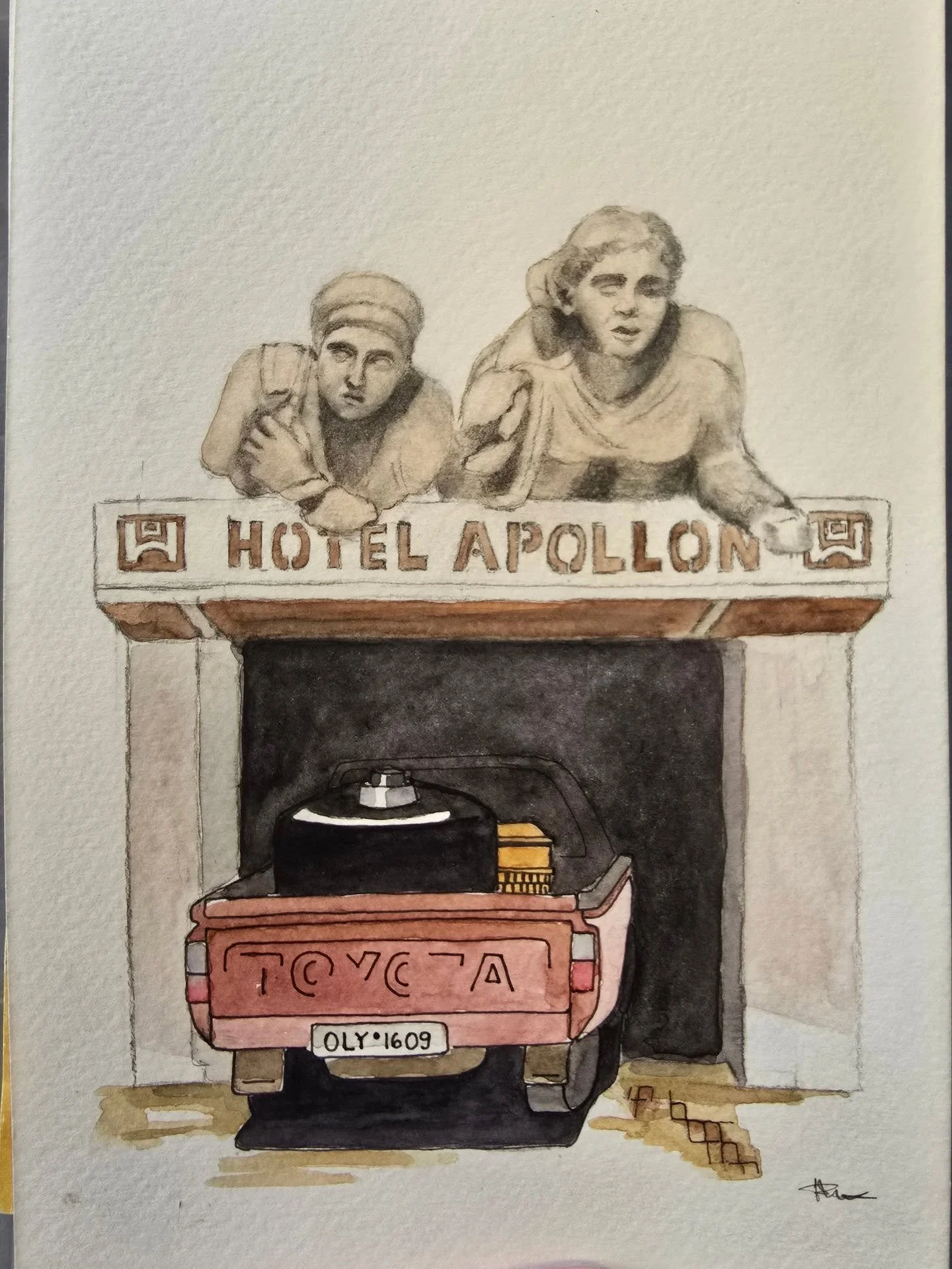 SKETCHBOOK 16th September - Olympia, Greece. 
As we drove around the country, I was fascinated by both the ancient ruins and relics of a more modern kind sitting alongside one another. Each abandoned building or artifact, whether 20 or 2000 years ol