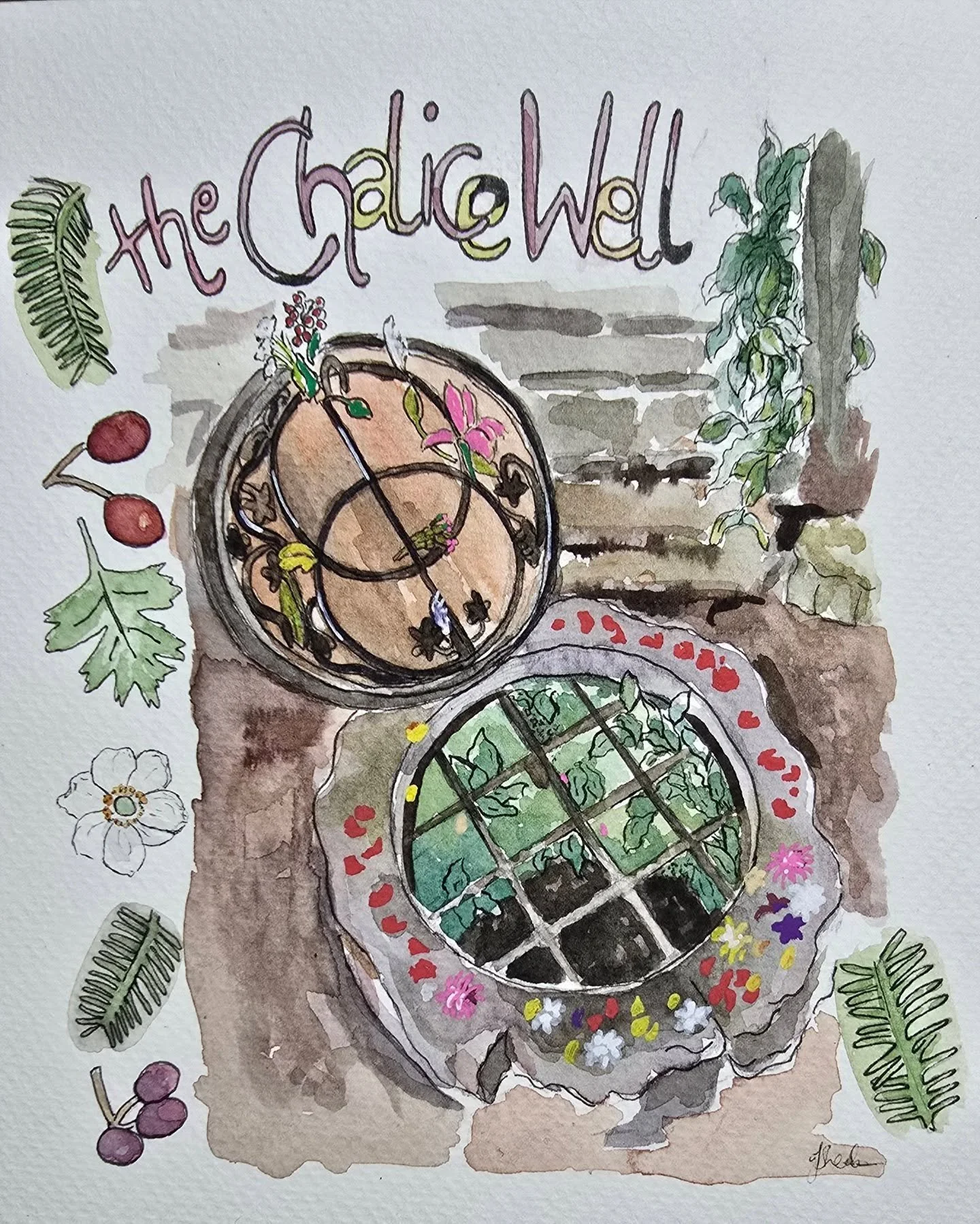 Notes from GLASTONBURY. 

1) Sketchbook watercolour of the gorgeous #chalicewell, with illustrations of plants I saw in the gardens - Hawthorn, Japanese Anemone, vivid purple berries -Callicarpa? And of course the mighty Yew. 

2) Living my best Hobb