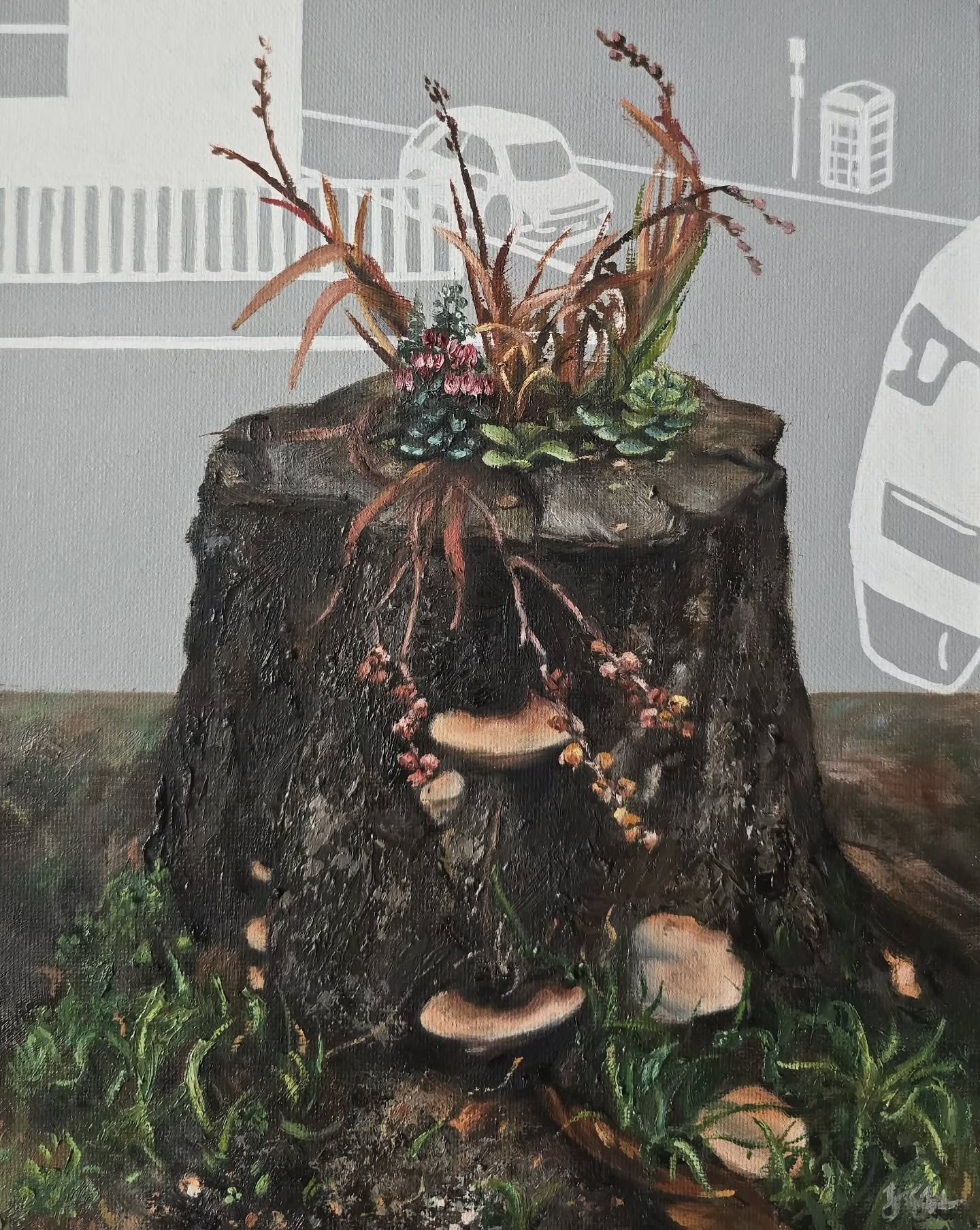 Eden, Brighton. 2026. Oil and acrylic on canvas board. 10 x 8 inches. Available in March. 

I'm a little obsessed by the little tree trunk ecosystems that exist alongside roads around here. Normally it is a tangle of various fungus types and ivy, but