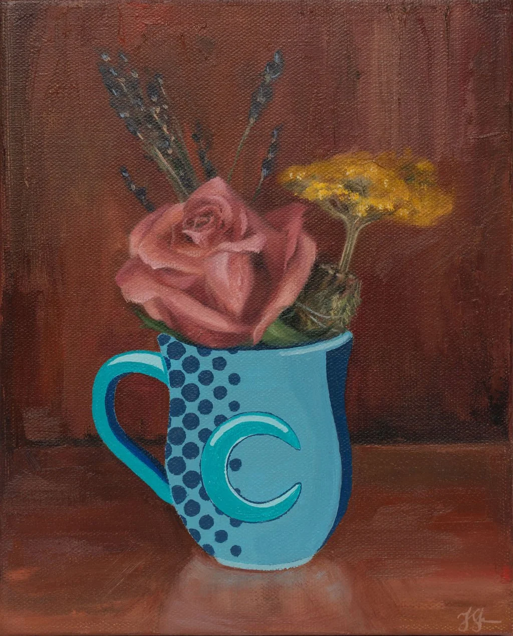 Oil painting with mug, florals and the moon