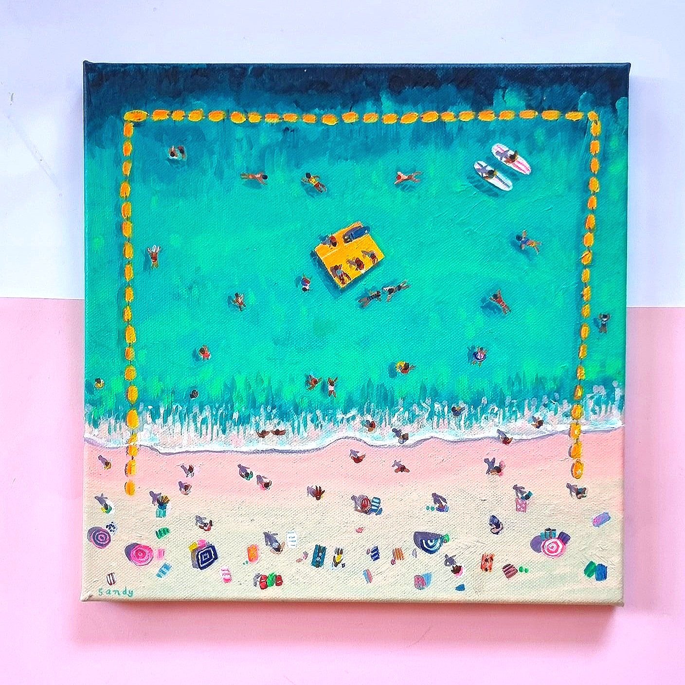 Painting of Coogee beach showing the shark net