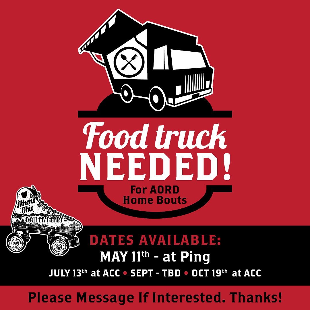 CALLING ALL FOOD TRUCKS! Our league is in need of a food truck at our next home bout on Saturday, May 11th at OU Ping Recreation Center. If you are a truck owner or know of a truck that might be interested, please send us a message! 

We also need fo