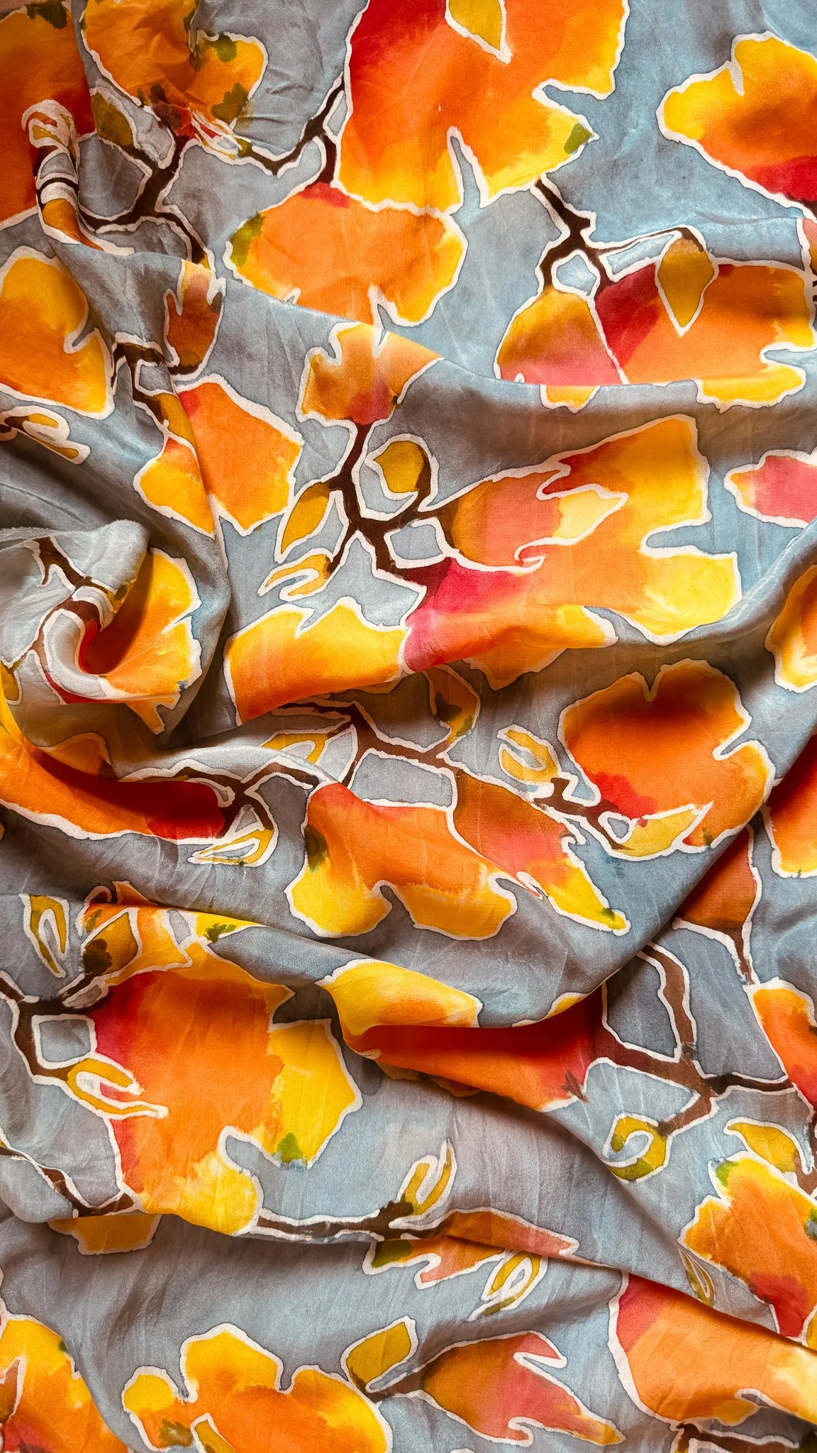 Ginkgos, Petals, + Branches Silk Scarf no. 06 in Sky Blue + Yellow + Orange | Vera Echo