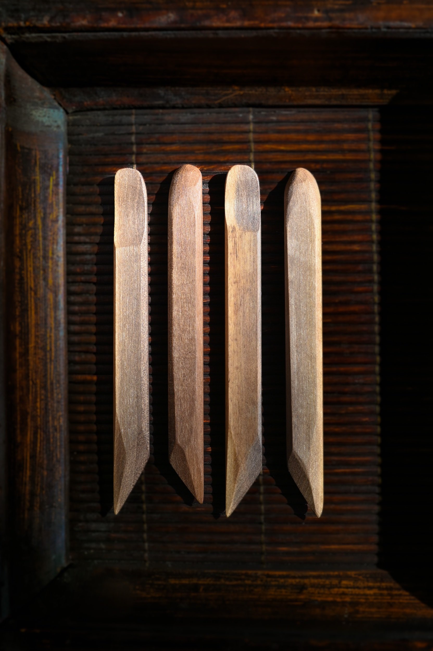 Raw Black Walnut potter’s knives, showing variations in color + grain. 