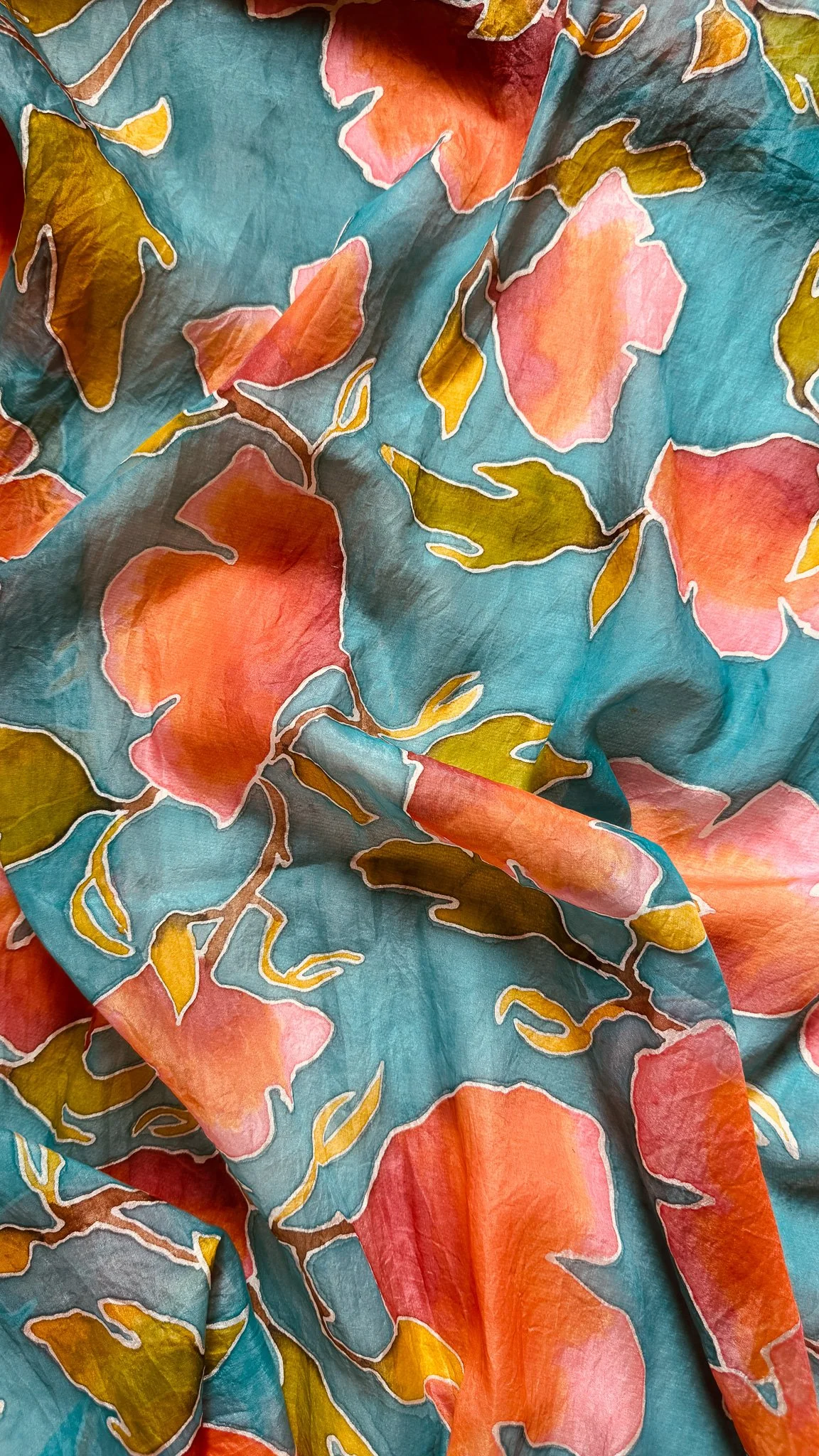 Ginkgos, Petals, + Branches Silk Scarf no. 04 in Blue + Green + Pink | Vera Echo