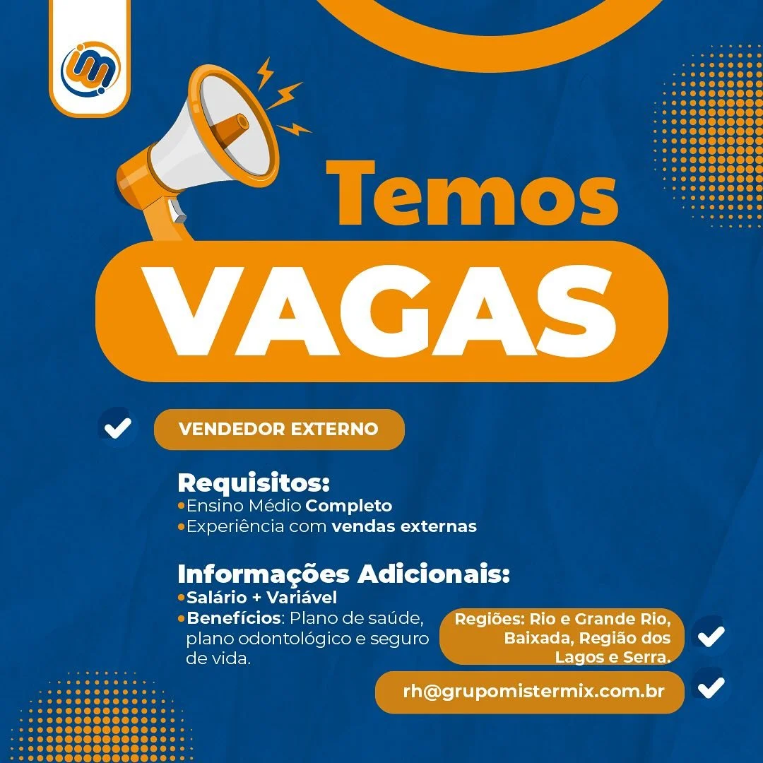 Chegou a sua vez de fazer parte do time MisterMix: estamos com vagas abertas para vendedores externos! 🙌💼

Buscamos uma pessoa comunicativa, proativa, com habilidades de negocia&ccedil;&atilde;o, ensino m&eacute;dio completo e experi&ecirc;ncia pr&