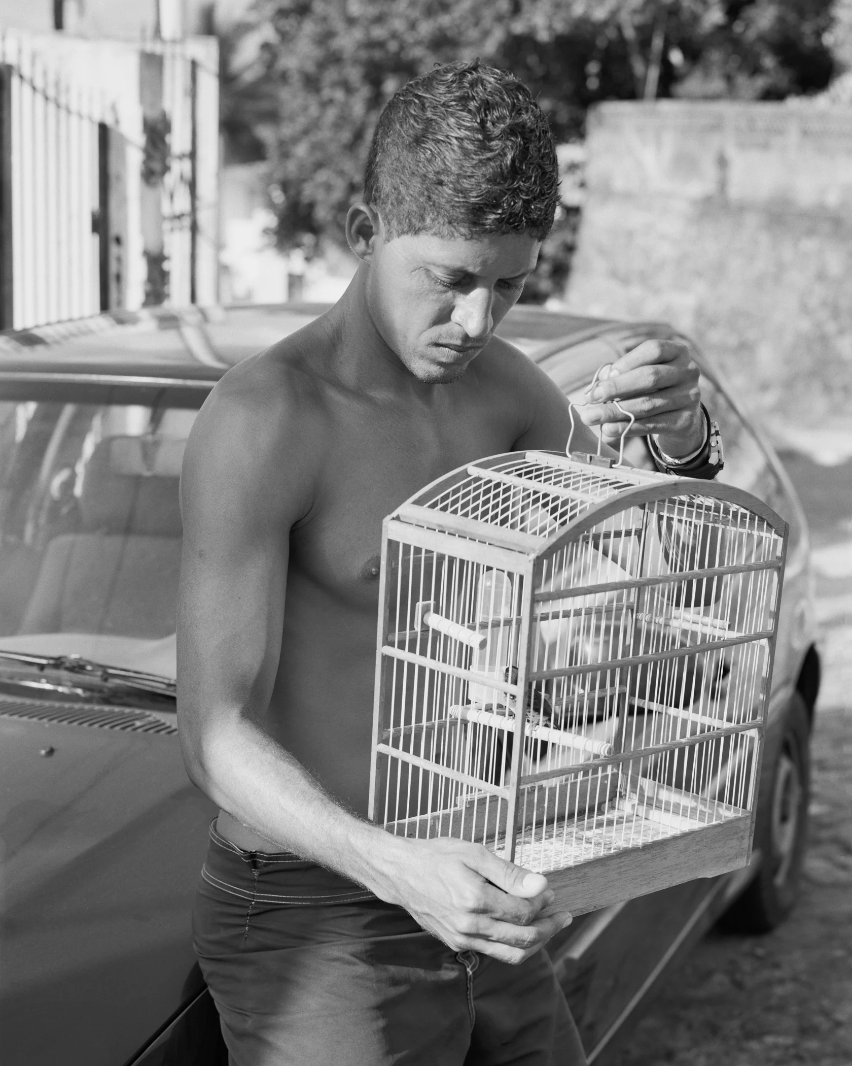Fábio Santos resting on car with birdcage, March, 2014, Itaparica, Brazil. 2014/2018