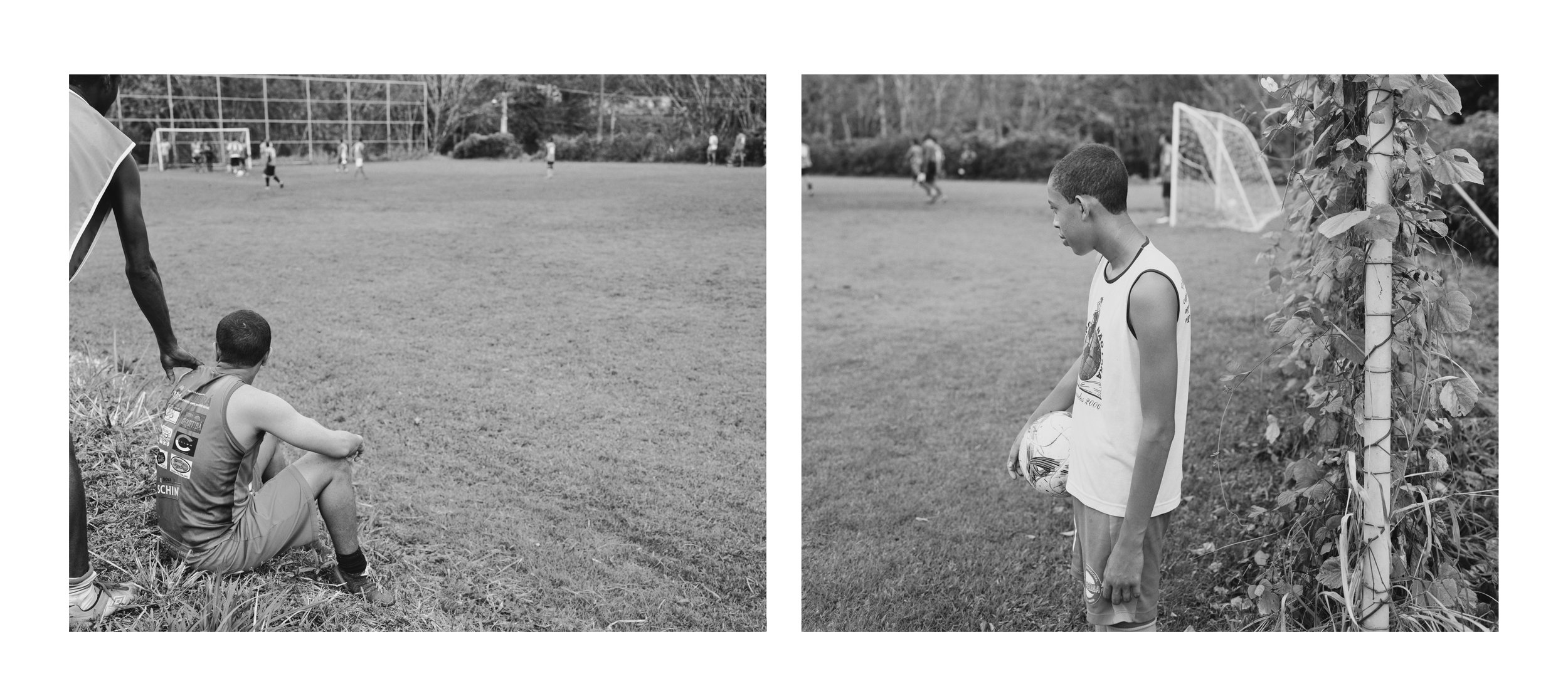  Soccer players and soccer player Ronald at company housing complex Vila 4, April, 2014, Michelin Rubber Plantation, Bahia, Brazil. 2014/2018 