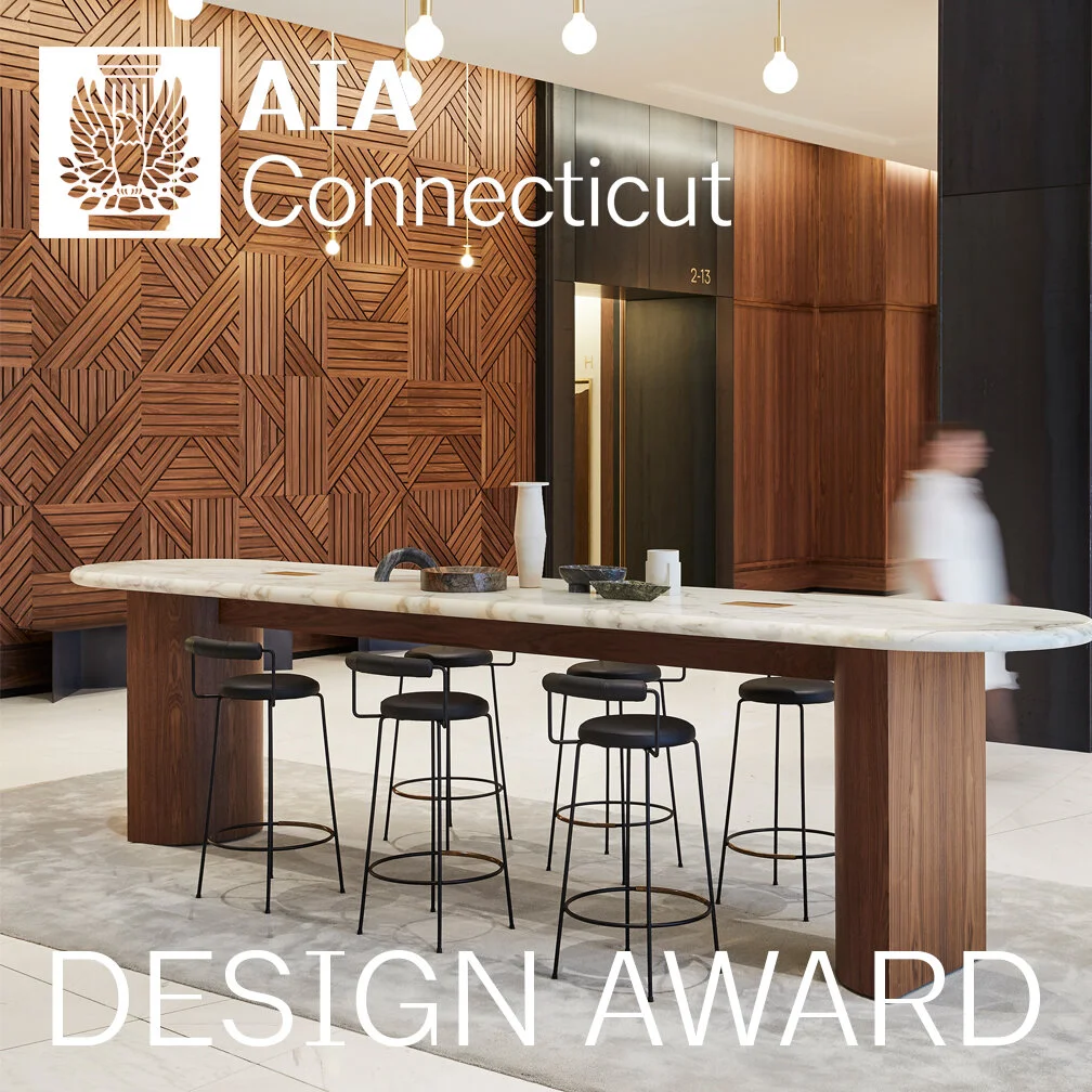 AIA CT Design Award We are proud to announce that our project for the lobby of 100 Summer Street was awarded an AIA Design Award from AIA Connecticut. Learn more about the project here .