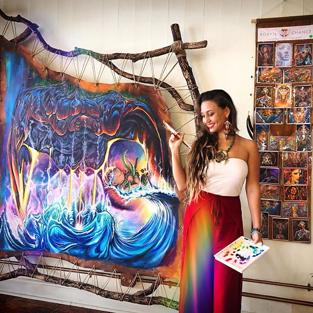 Come check out my almost finished &quot;Birth of New Earth&quot; Original painting here @spacenlight aka @waipunacoffeeshop aka @bayfrontkavabarhilo !! .
These are my last few weeks on the beautiful Big Island... Its been a deeply soulful, creative a