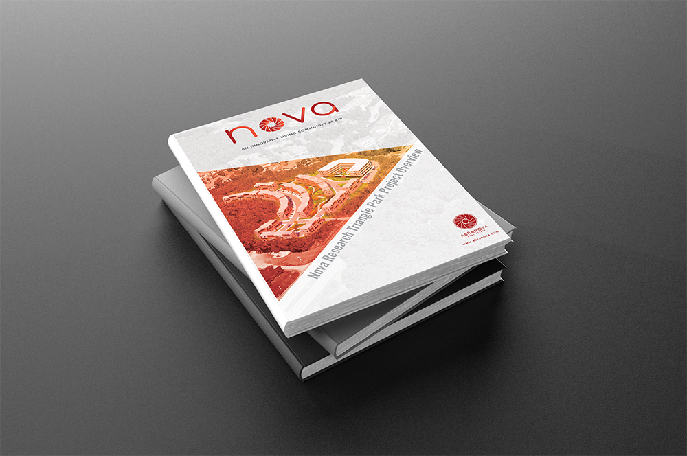 A 3D-rendered brochure for Nova Research Triangle Park Project Overview, featuring an aerial view of a campus or research facility with red and orange landscape elements, on a dark surface.