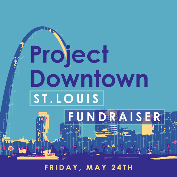 Design for a St. Louis downtown fundraiser event on Friday, May 24th featuring a skyline with the Gateway Arch and the St. Louis cityscape.