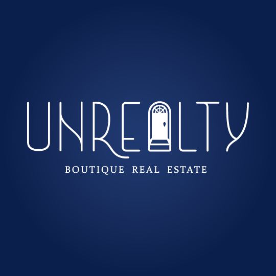 Logo for UNRELTY Boutique Real Estate featuring stylized text and a door icon.