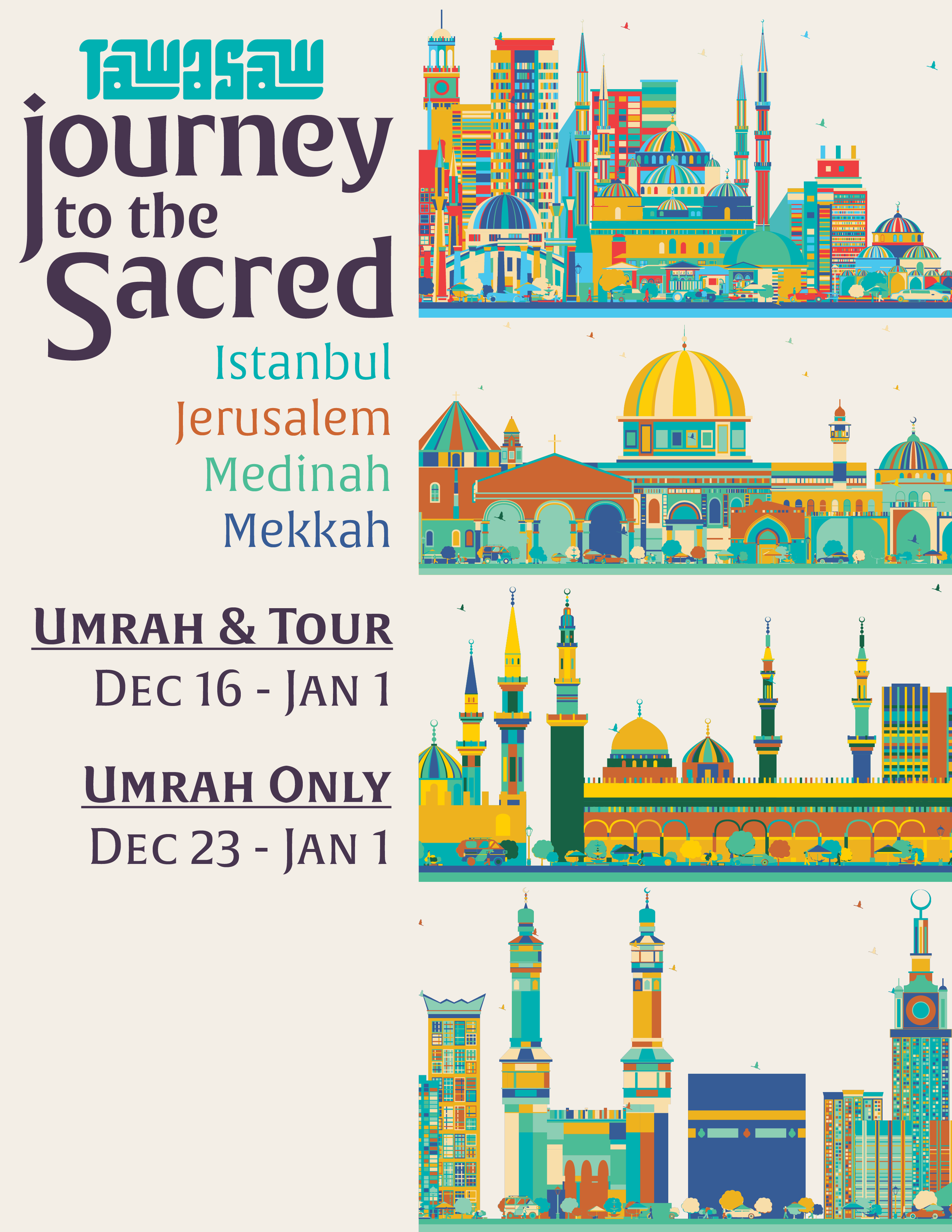 A colorful illustrated infographic of Istanbul's skyline and landmarks for a religious pilgrimage and tour, with dates for two trips: December 16 to January 1 and December 23 to January 1.
