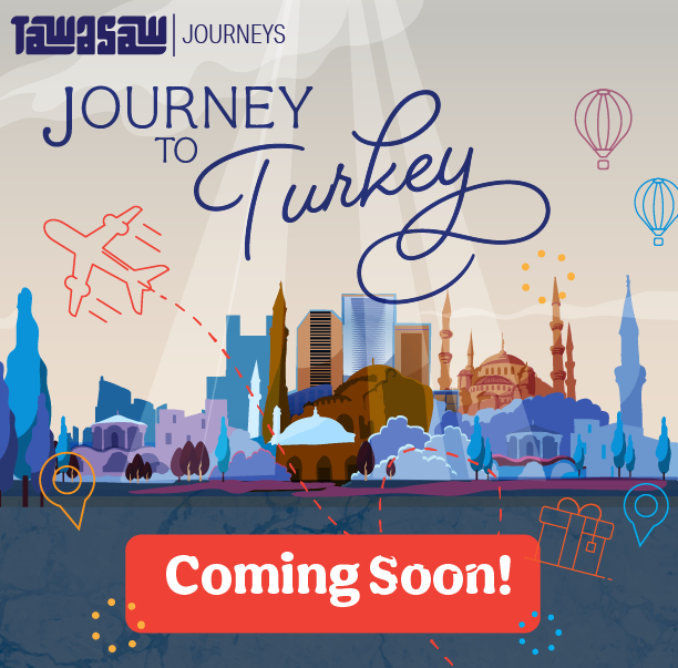 An illustration of a city skyline with landmarks and hot air balloons, promoting a journey to Turkey with a 'Coming Soon!' message.