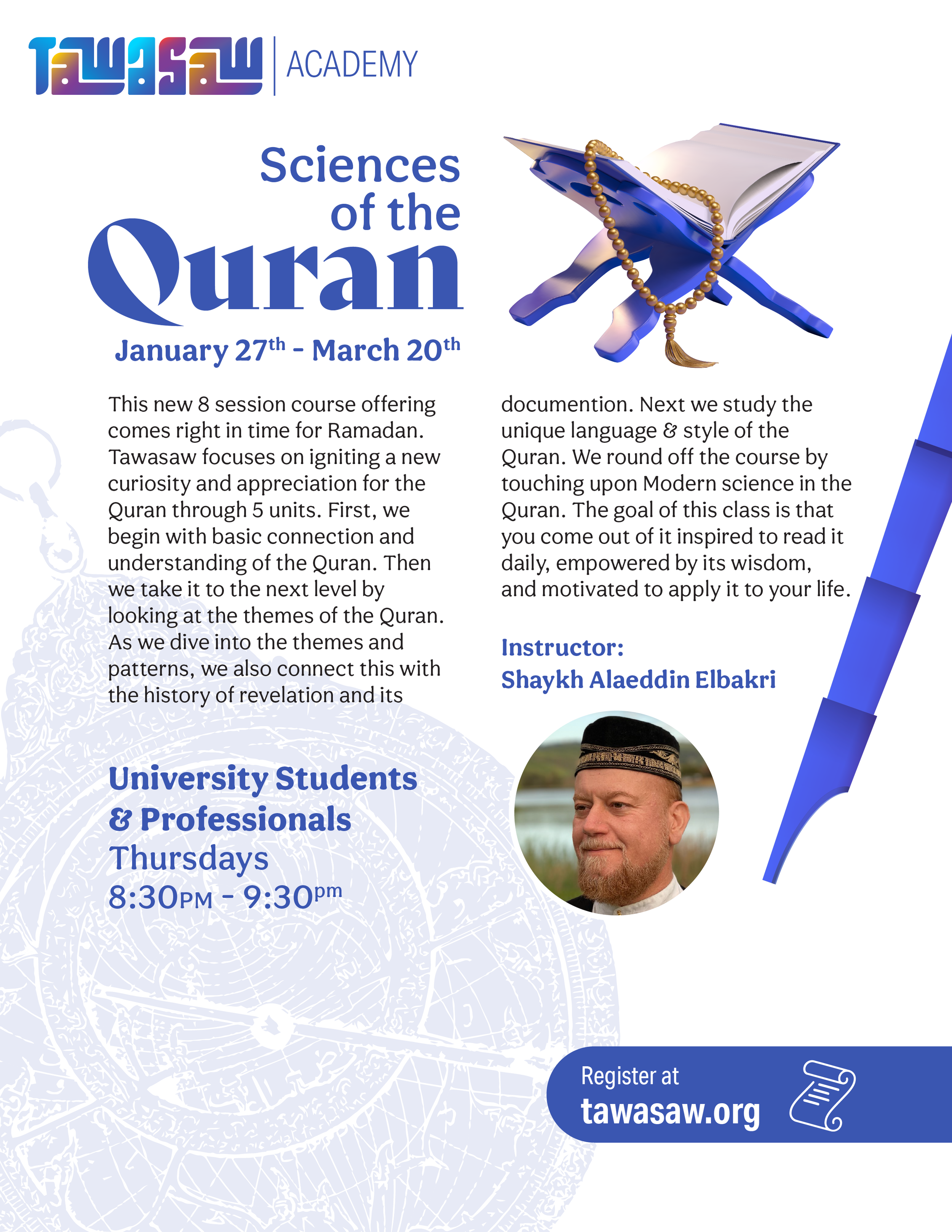 Flyer for Tawasaw Academy's course titled 'Sciences of the Quran' running from January 27th to March 20th, with an image of an open Quran, prayer beads, and a man in traditional attire.