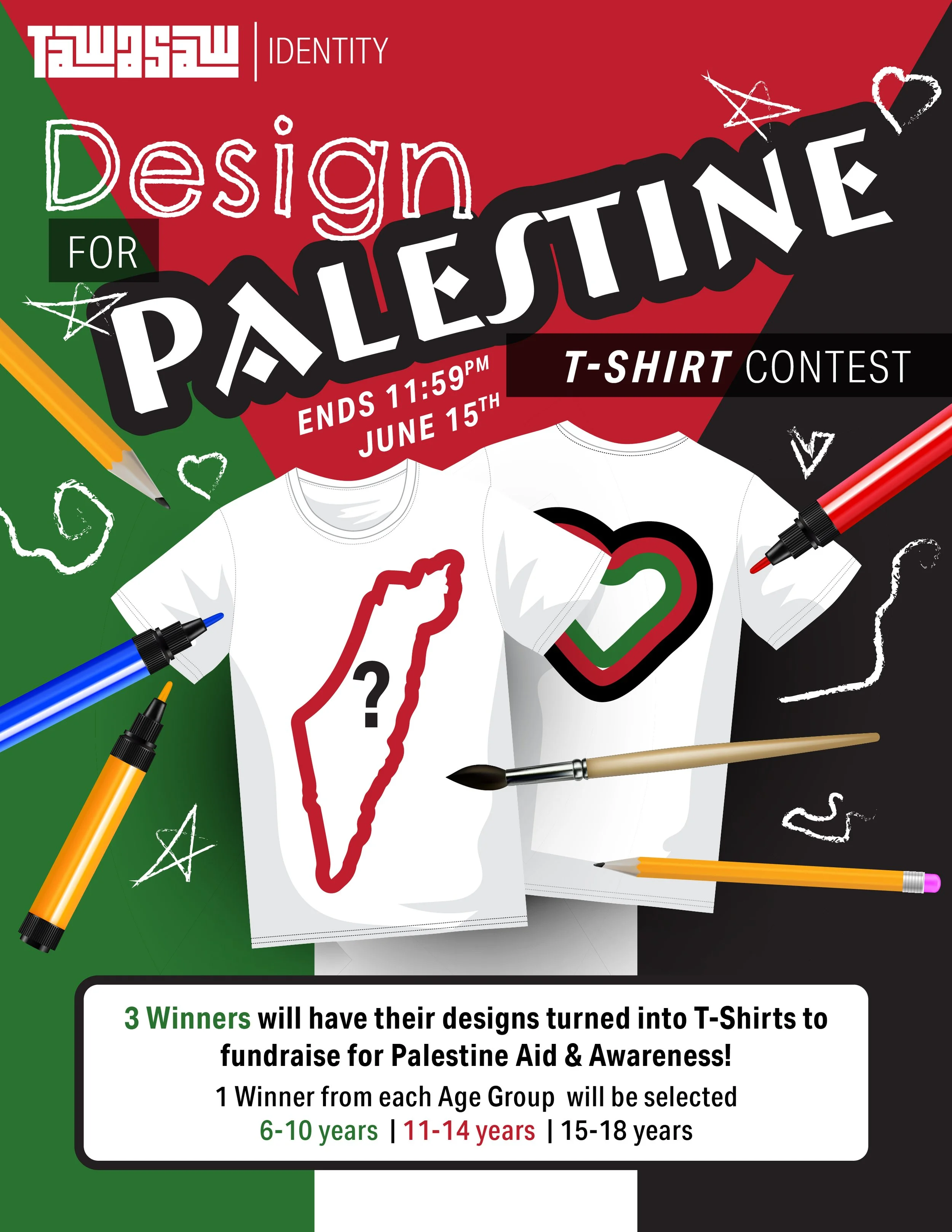 Design contest poster featuring white T-shirts with hand-drawn Palestine map outlines, surrounded by colorful markers and chalk on a background divided into green, red, and black sections. The poster announces a T-shirt contest where 3 winners will h