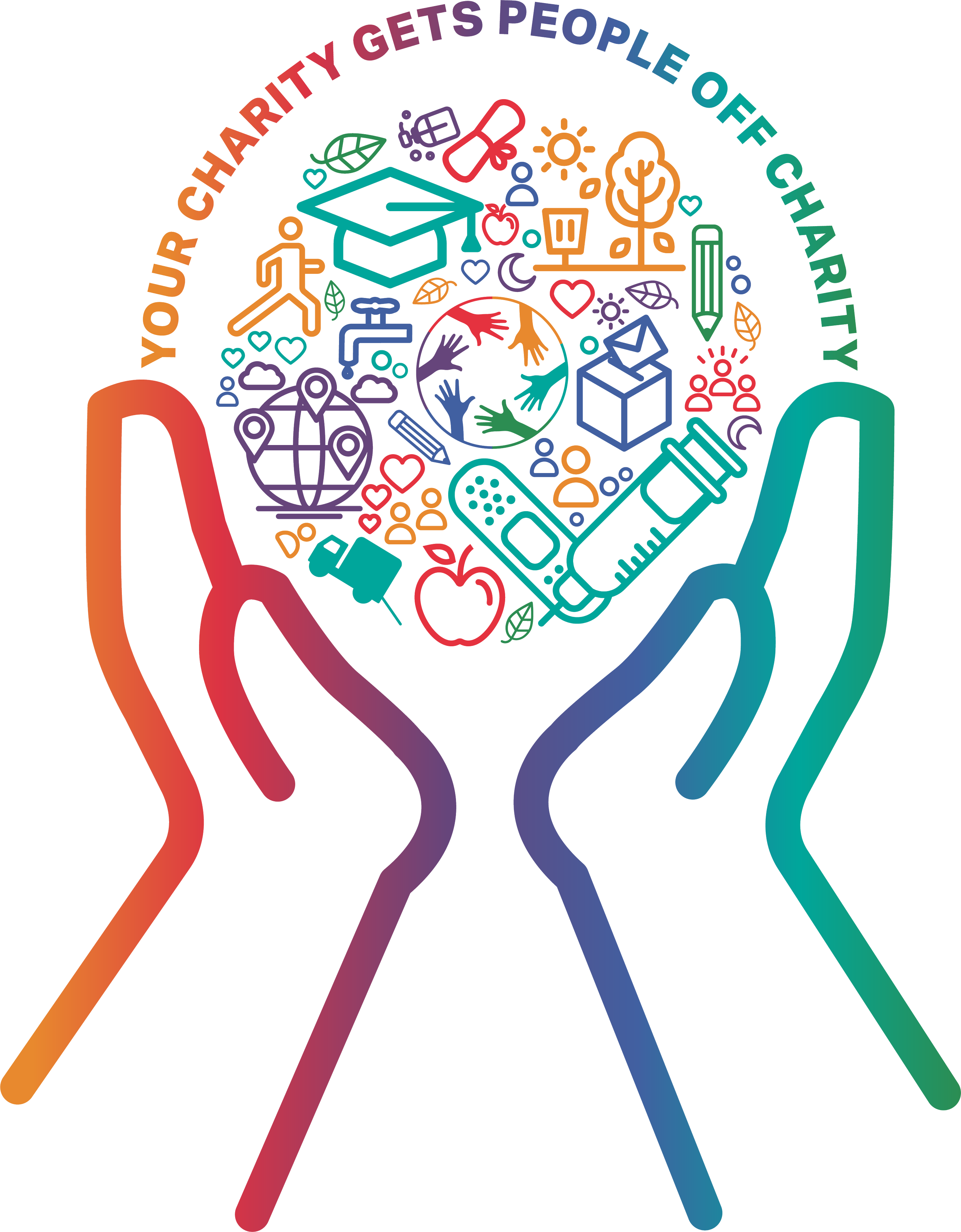 This image features colorful icons representing education, health, environment, and community themes arranged within the outline of two hands holding a sphere with interconnected hands, illustrating collaboration and support, with the phrase 'Your ch