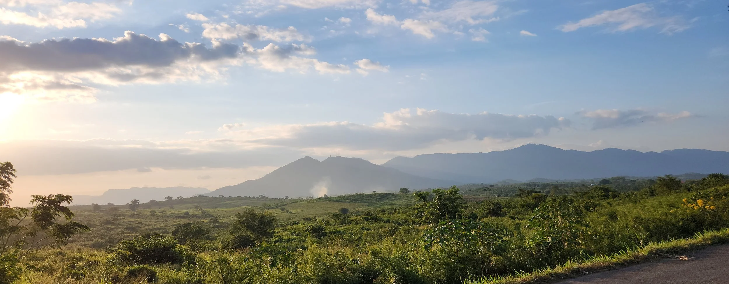 Scenic view of a lush green landscape with mountains in the distance under a partly cloudy sky, during sunset or sunrise.