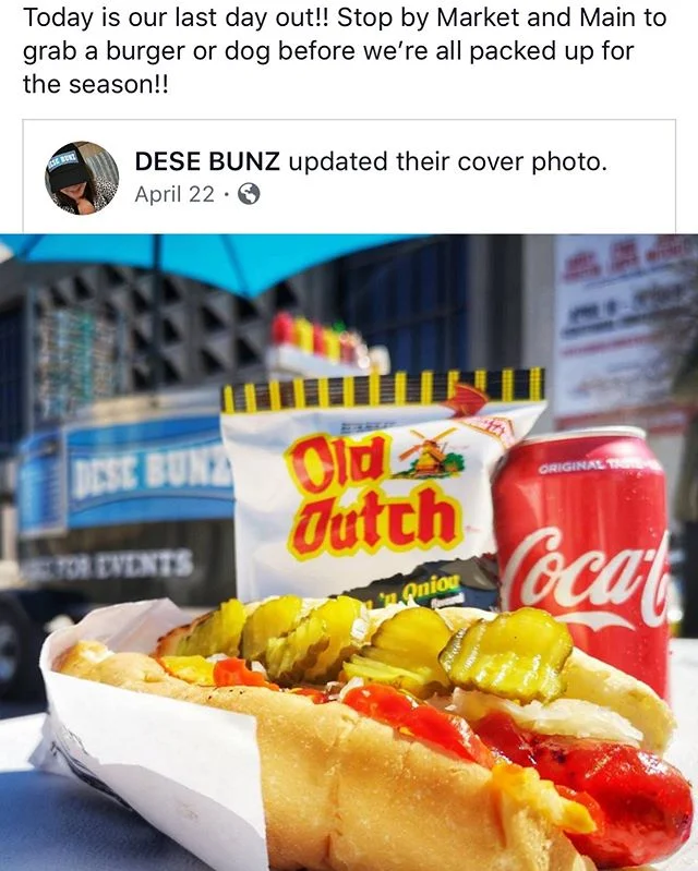 LAST CALL!! Get your burgers and dogs before they&rsquo;re gone!! Market and Main!!