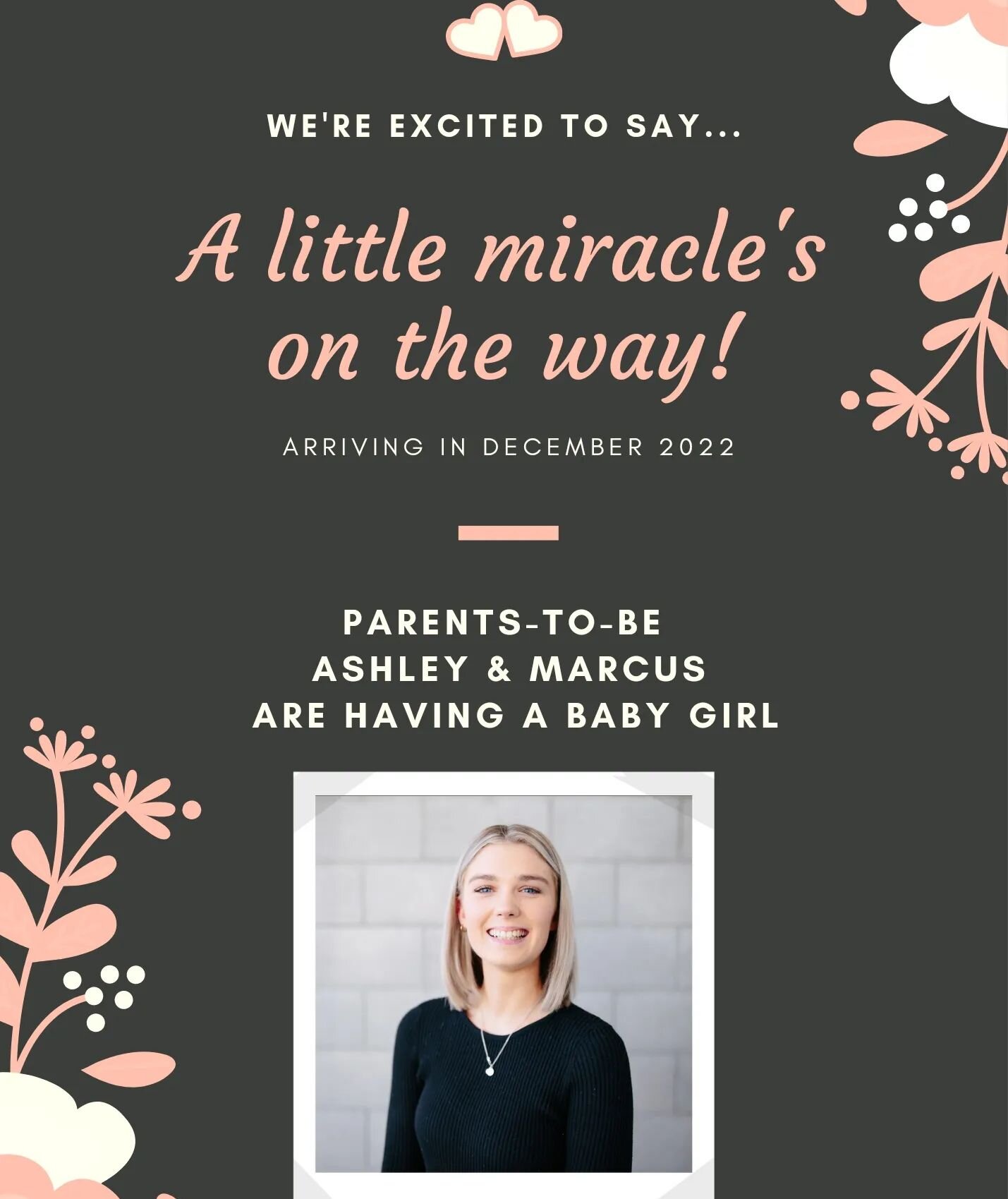 The secret is out....We're excited to announce Ashley is having a wee Baby Girl !!

Due in December and she will be going on maternity leave from November .

We look forward to continuing to watch that baby grow bigger and bigger as the weeks go by.
