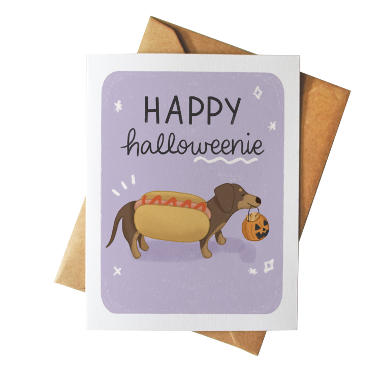 Happy Halloweenie | Weenie Dog Halloween Greeting Card | Spooky Dachshund | Trick or Treat | Illustrated 