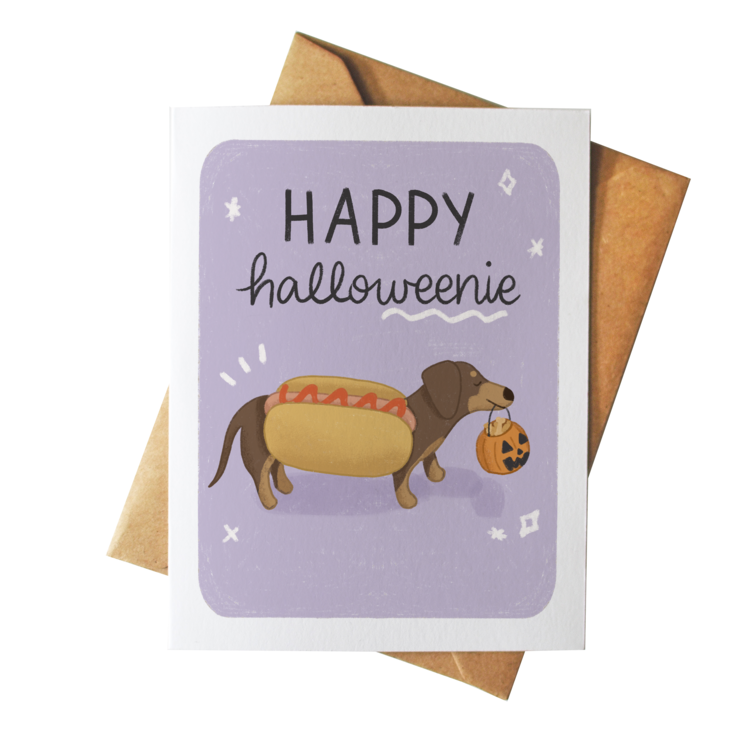 Happy Halloweenie | Weenie Dog Halloween Greeting Card | Spooky Dachshund | Trick or Treat | Illustrated