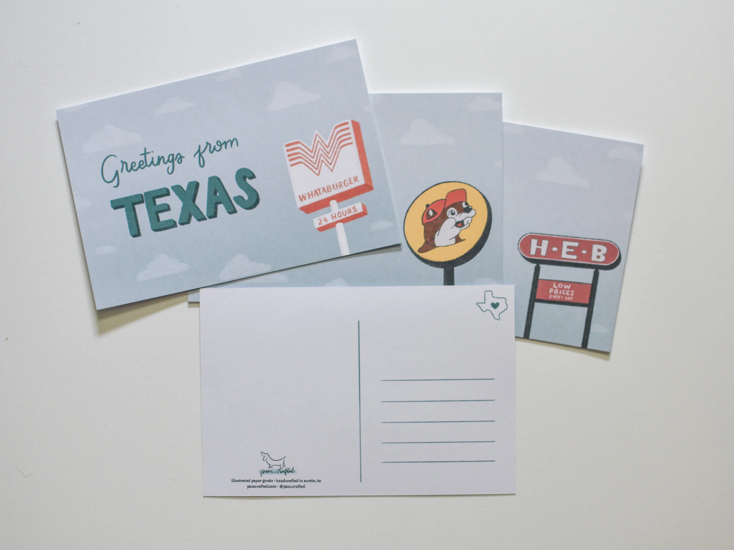 Greetings From Texas Postcard | Whataburger, Buc-ee's, HEB Illustration | Texan Card | TX Souvenir | Travel Gift