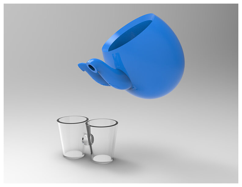 Double-Spout Vessel in Use with Shot glasses that Are Connected