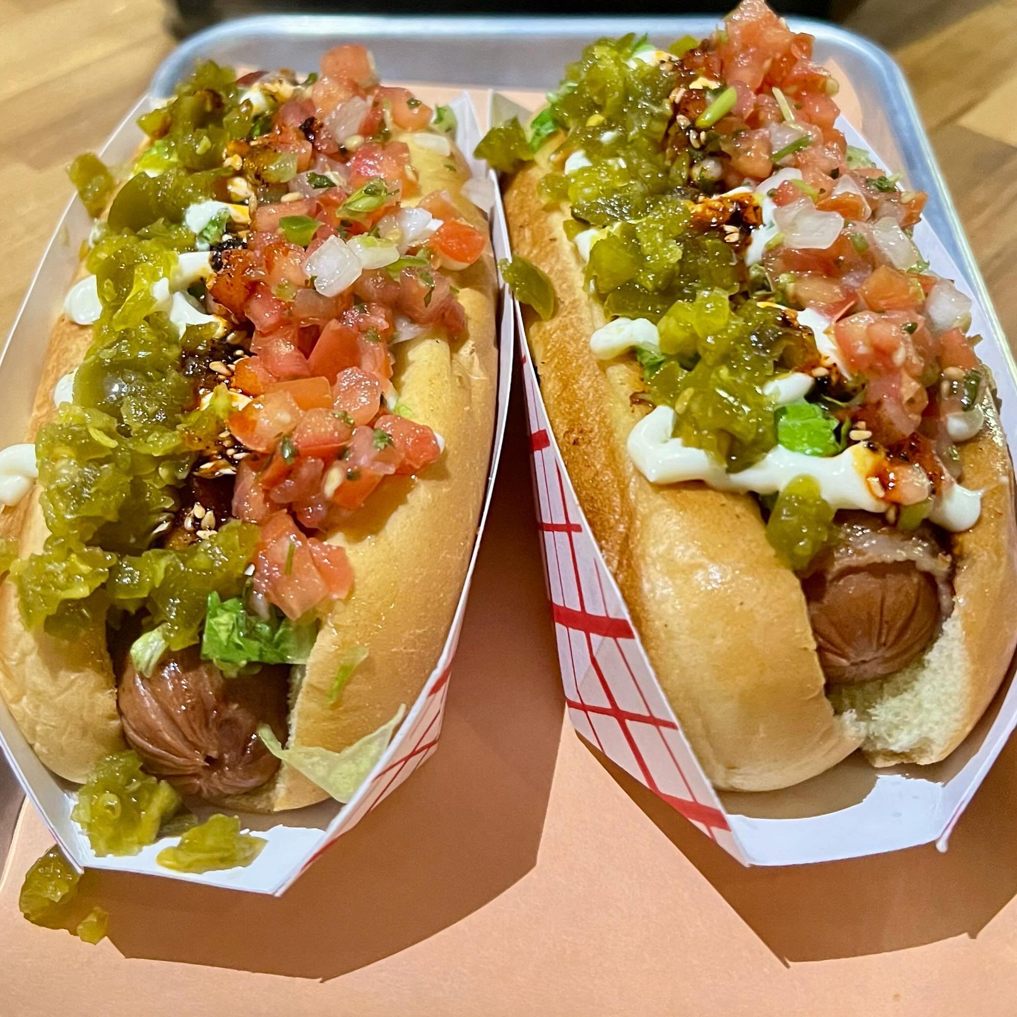 Mexican Hot Dogs&hellip;. These guys are ridiculously delicious. Bacon wrapped dog, jalape&ntilde;o relish, pico de gallo, lettuce, mayo, &amp; salsa macha!  Available all of July @porticobrewing &amp; @gardenbar_1reason @charleshotel 🇲🇽 🌭 🙌 #cam