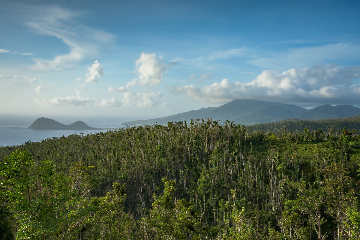 Check out the conspicuous hills of the Cabrits National Park on the left.