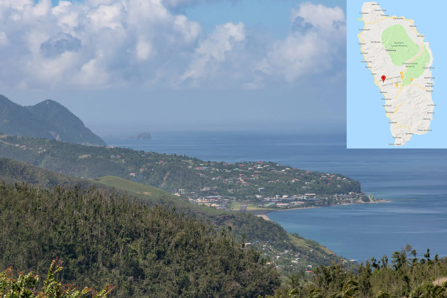 The red mark on the map is Warner. The village is approximately halfway up the west coast, but you’re able to see Dominica’s southernmost point!