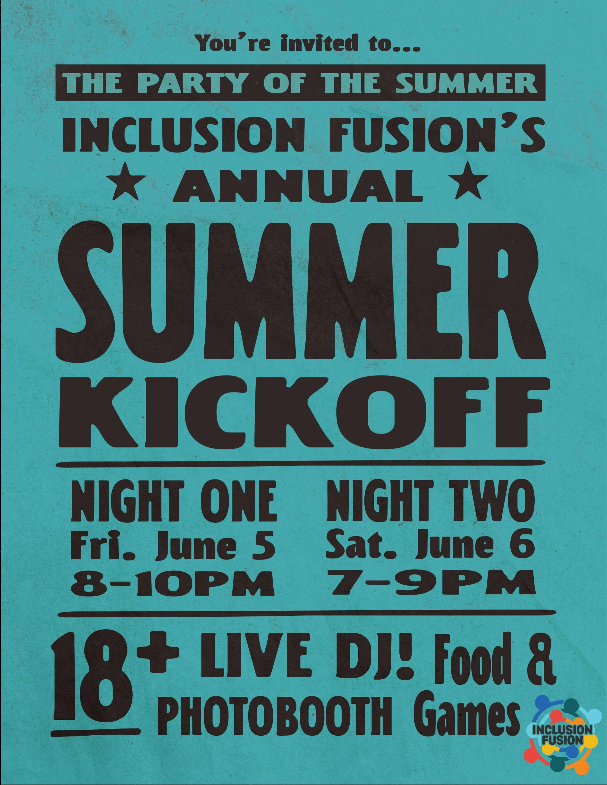 Summer Kickoff is less than 2 weeks away!!!!💥 Inclusion Fusion&rsquo;s annual summer party! 🤩

For Neurodivergent Adults, Ages 18+

Night One: Friday, June 5, 8-10pm
Night Two: Saturday, June 6, 7-9pm

Live DJ in the backyard all night long, photo 