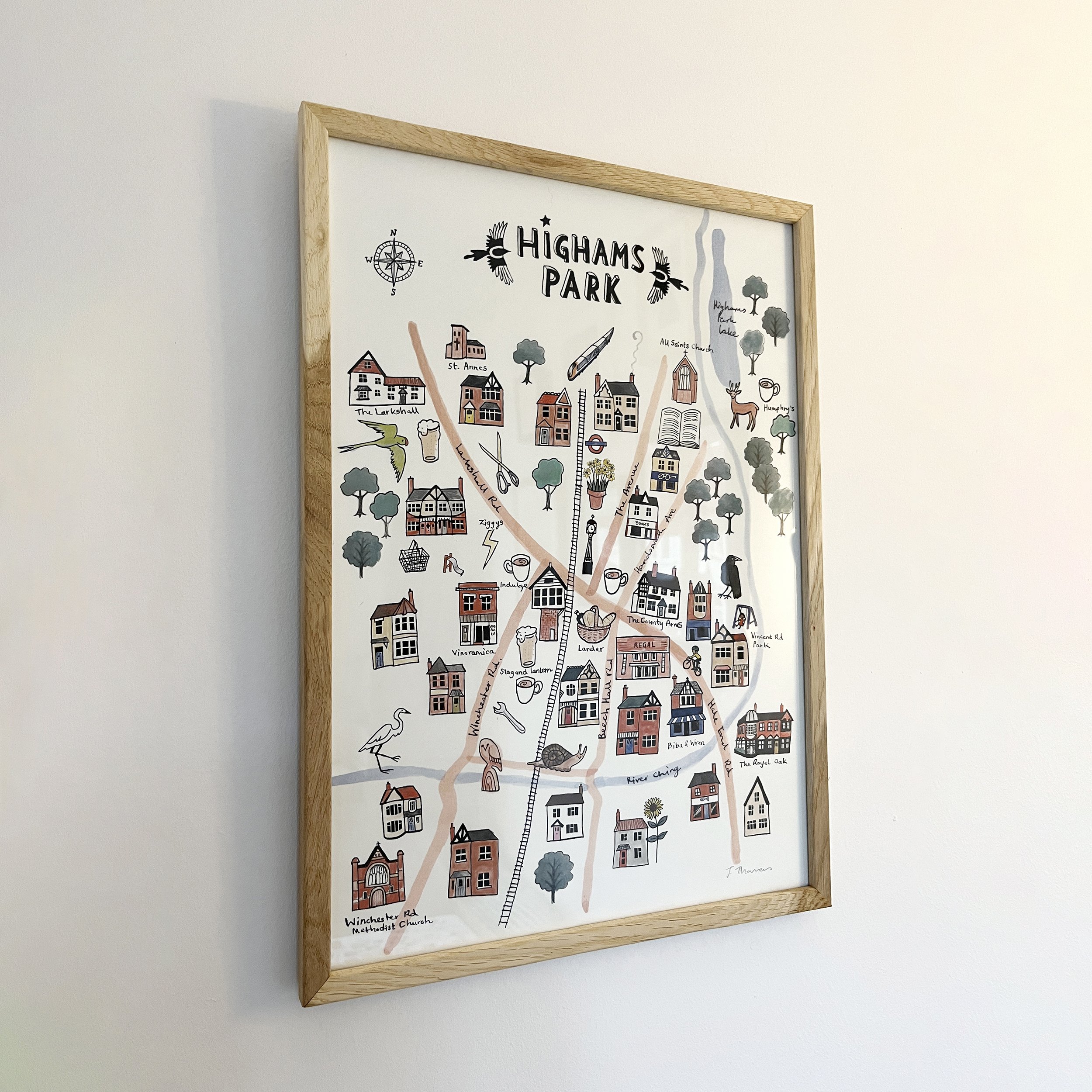 Illustrated framed map of Highams Park, East London