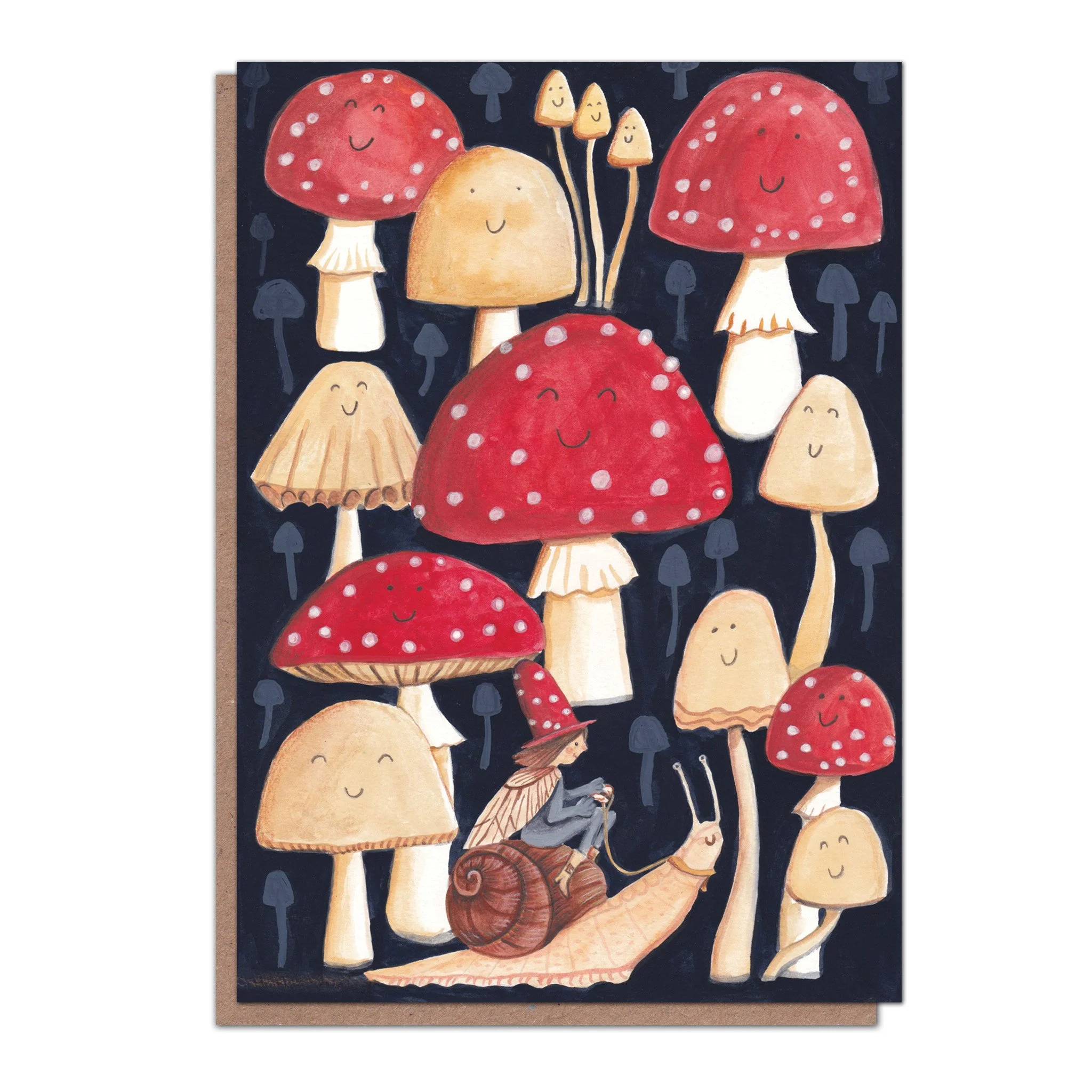 Elf riding a snail in a toadstool forest greetings card, A6 size.
