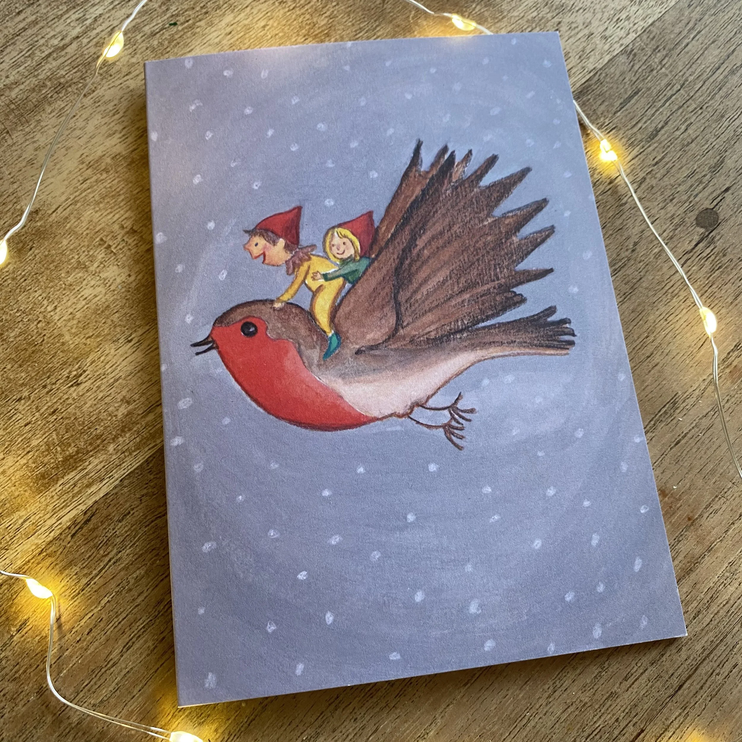 Robin and elves christmas card by Juliet Thomas Doodles