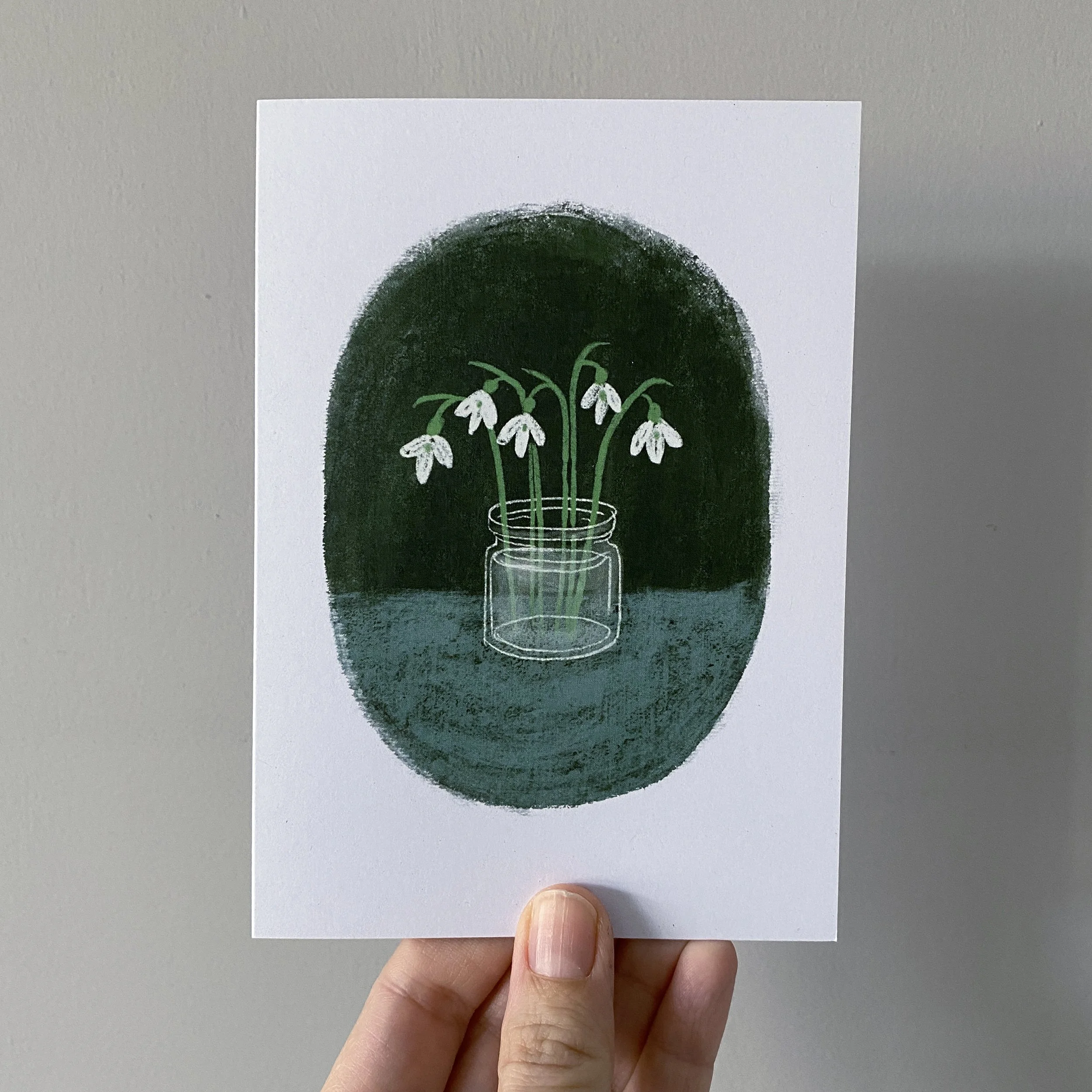 snowdrops in jam jar greetings card